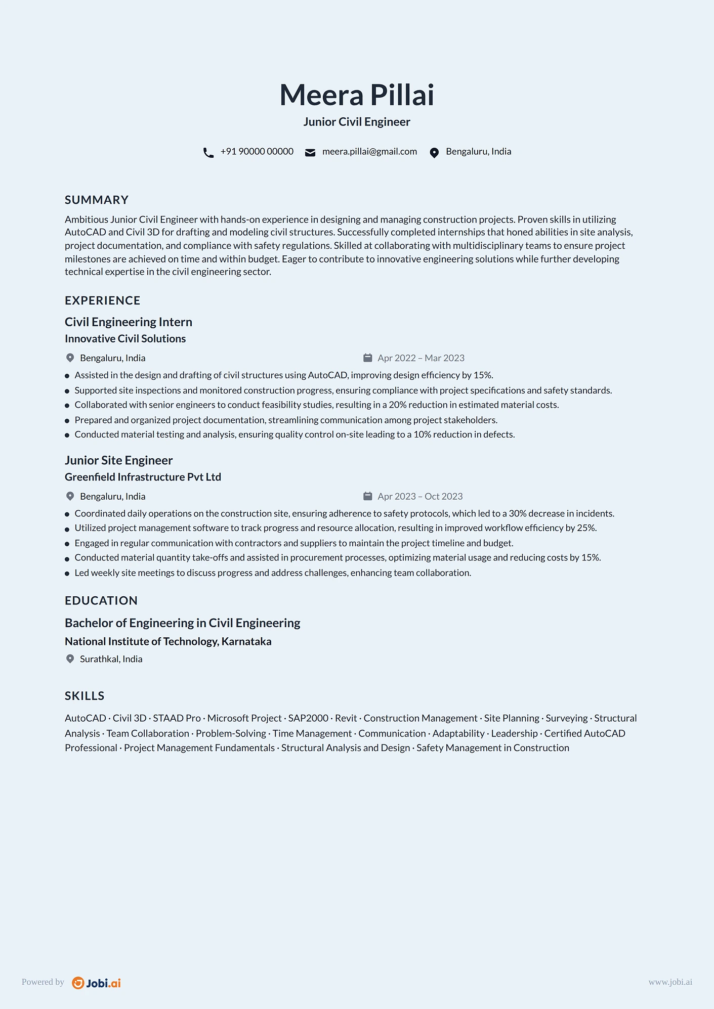 Civil Engineer resume example — Junior Civil Engineer