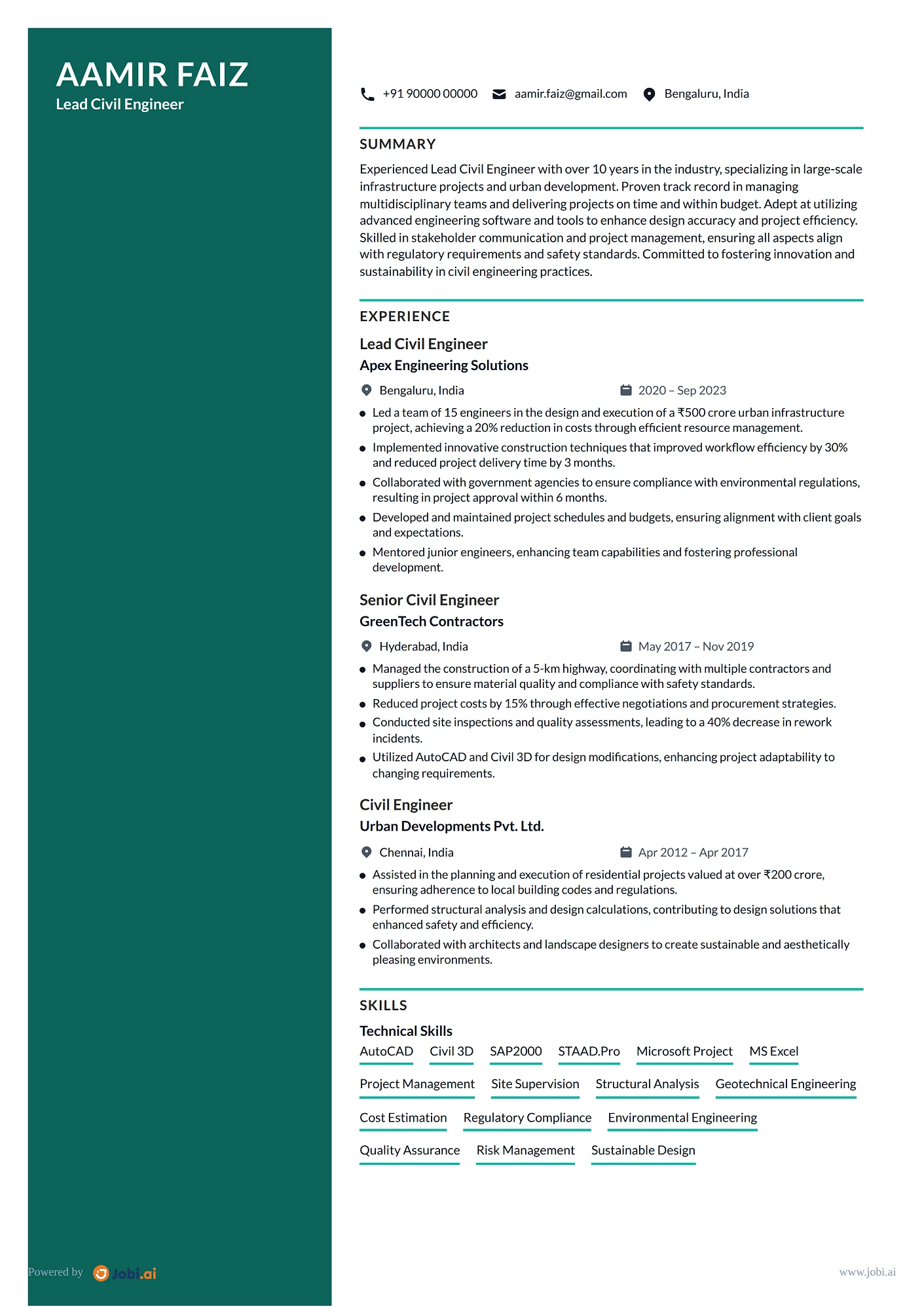 Civil Engineer resume example — Lead Civil Engineer