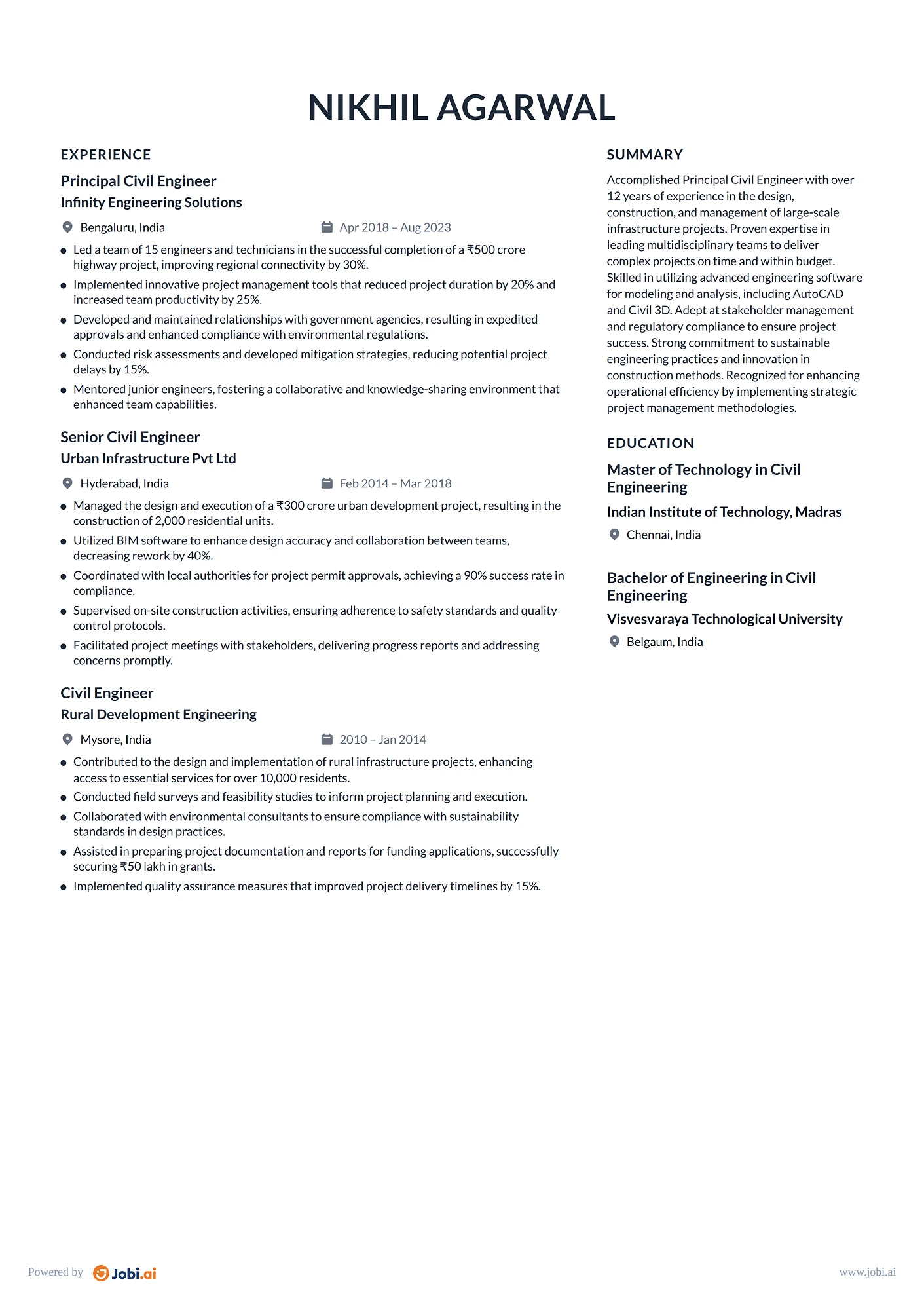 Civil Engineer resume example — Principal Civil Engineer