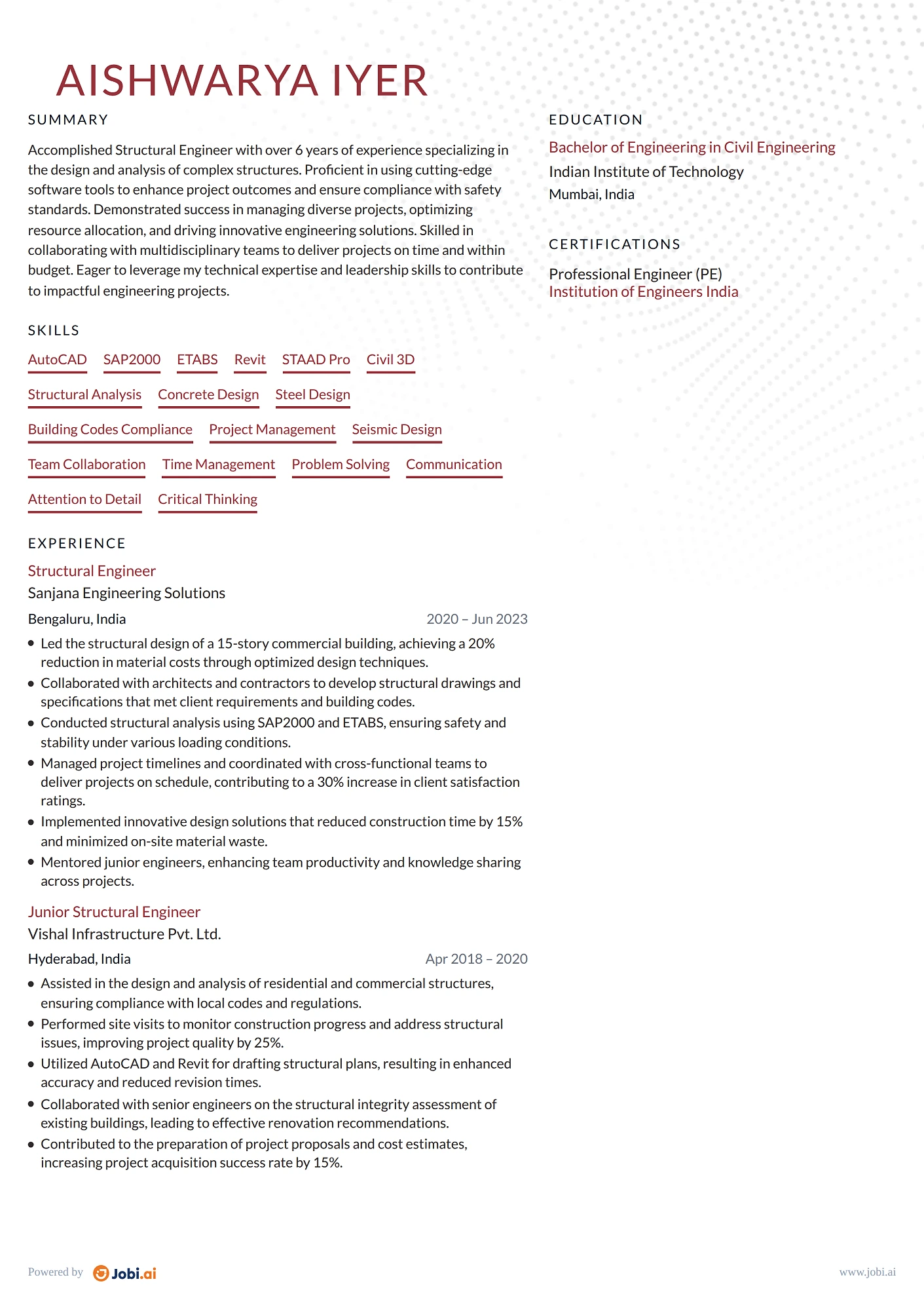 Civil Engineer resume example — Structural Engineer