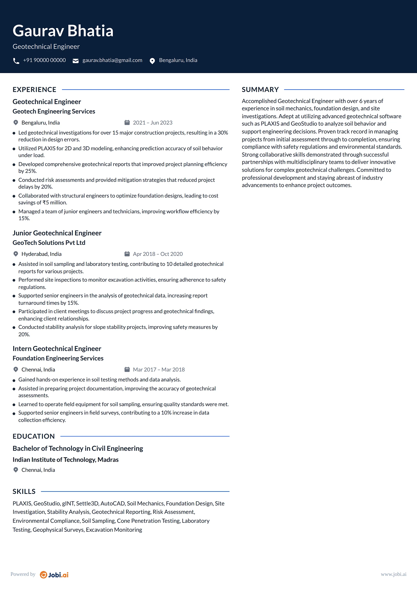 Civil Engineer resume example — Geotechnical Engineer