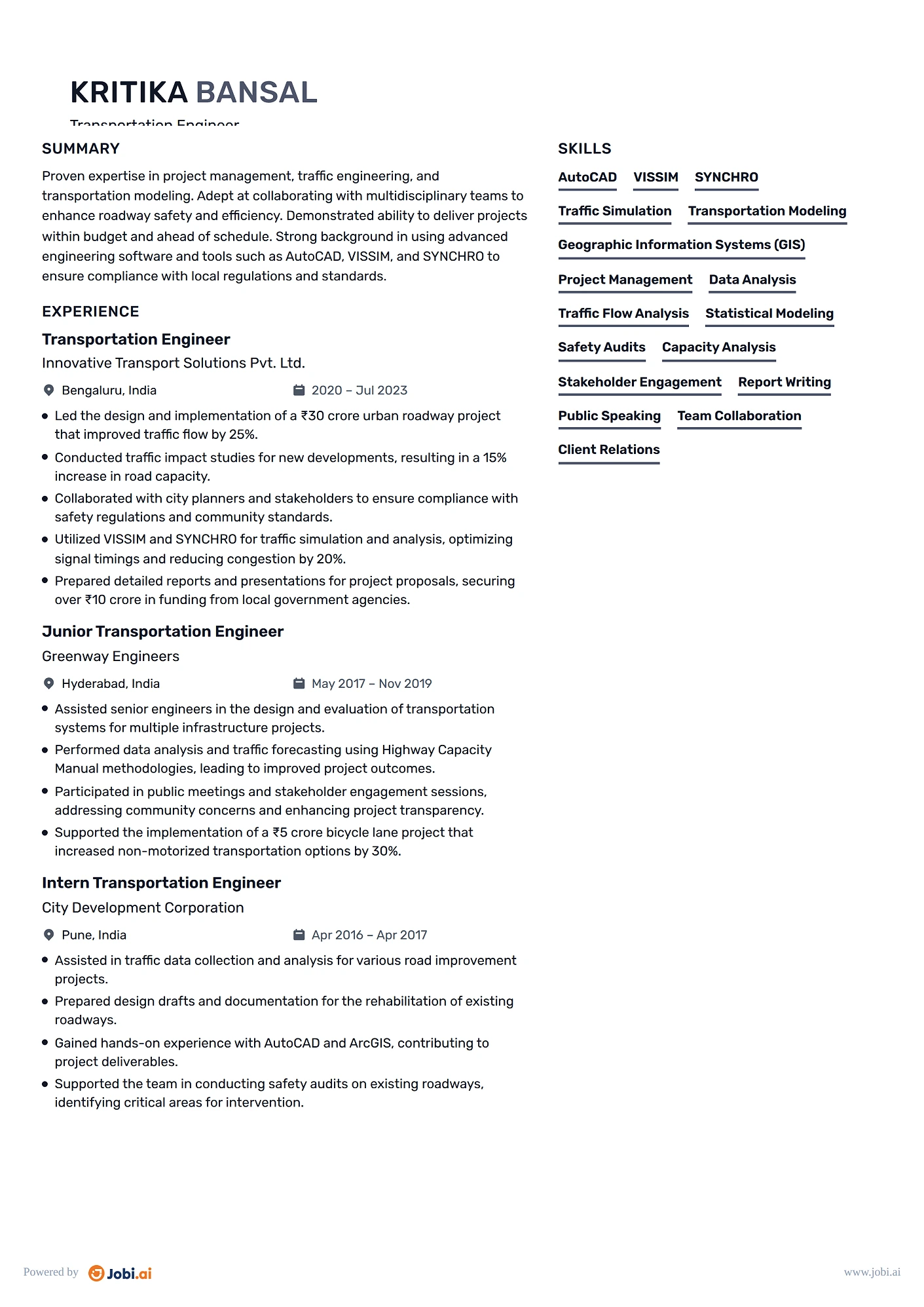 Civil Engineer resume example — Transportation Engineer