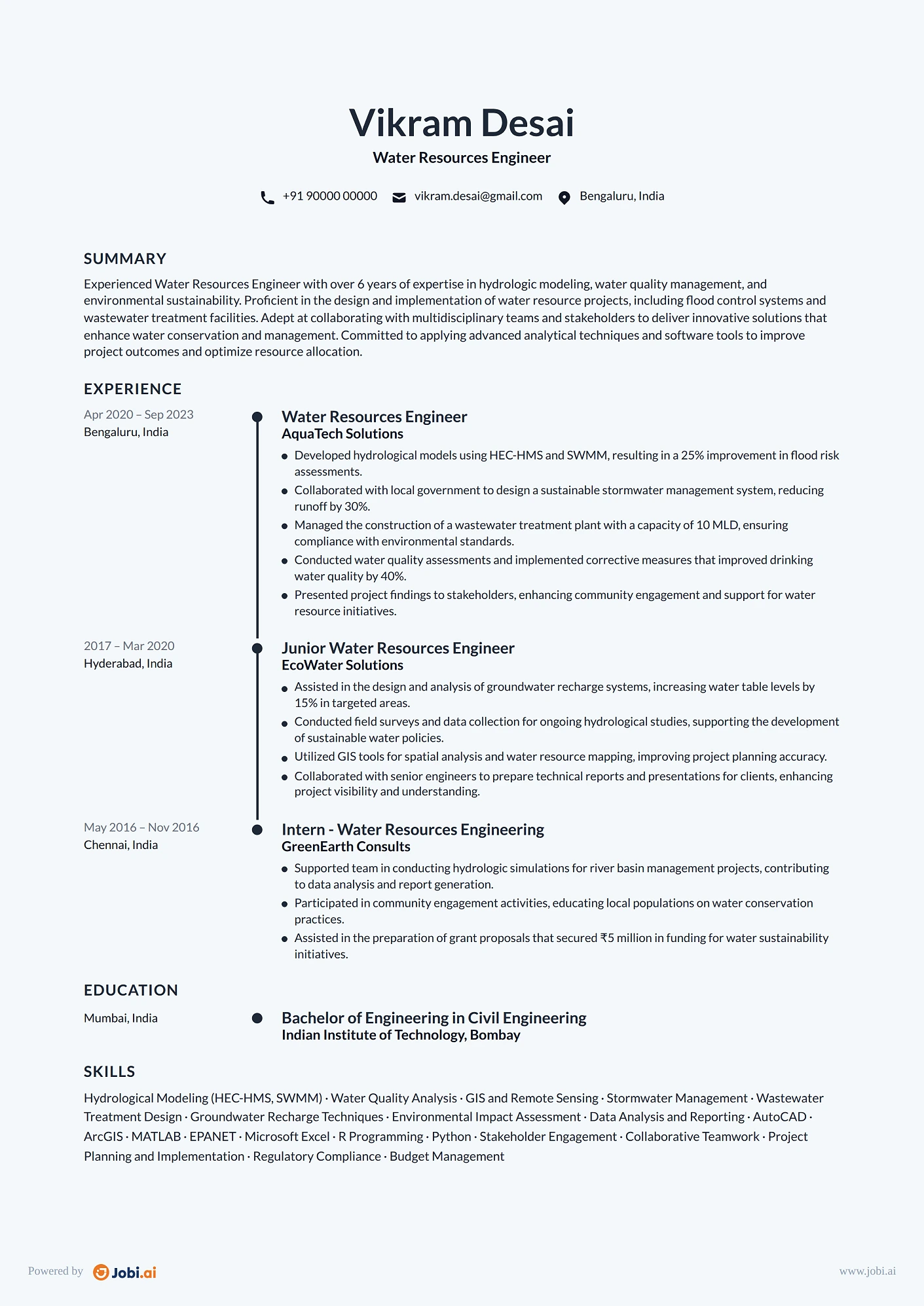 Civil Engineer resume example — Water Resources Engineer