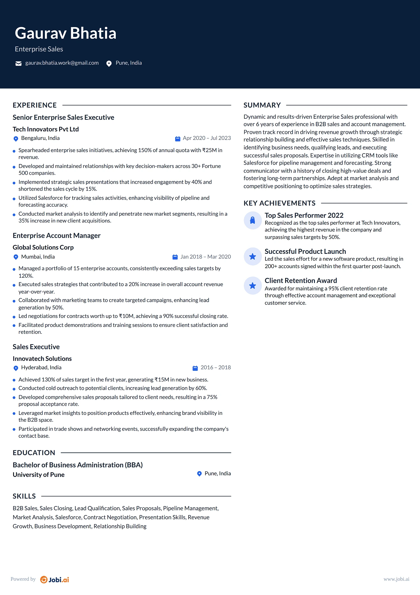 Enterprise Sales resume example