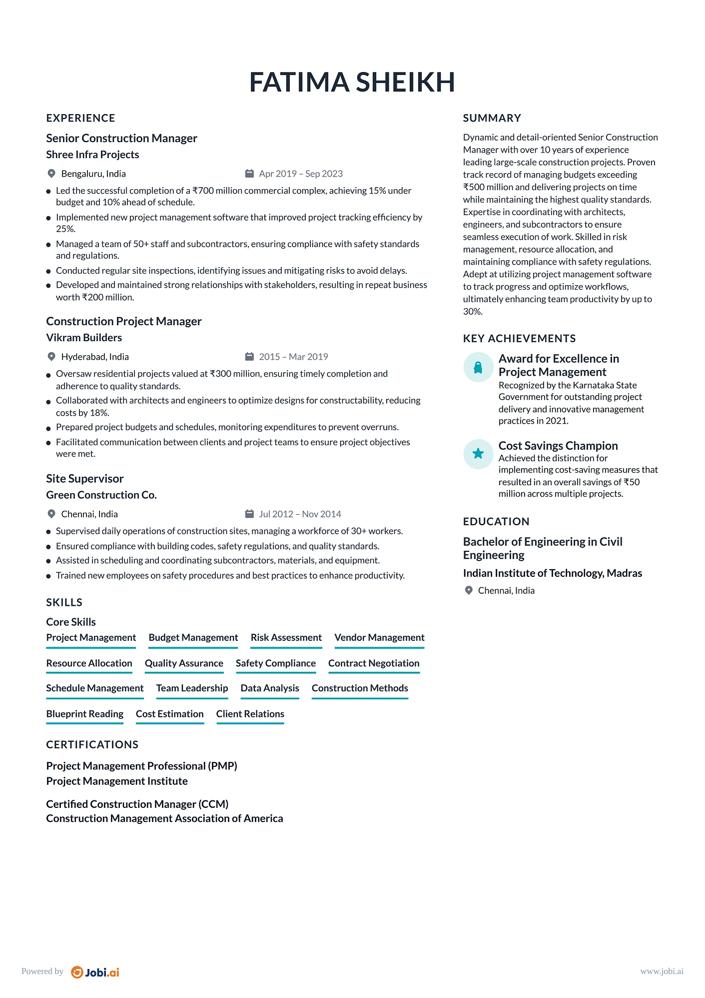 Construction Manager resume example