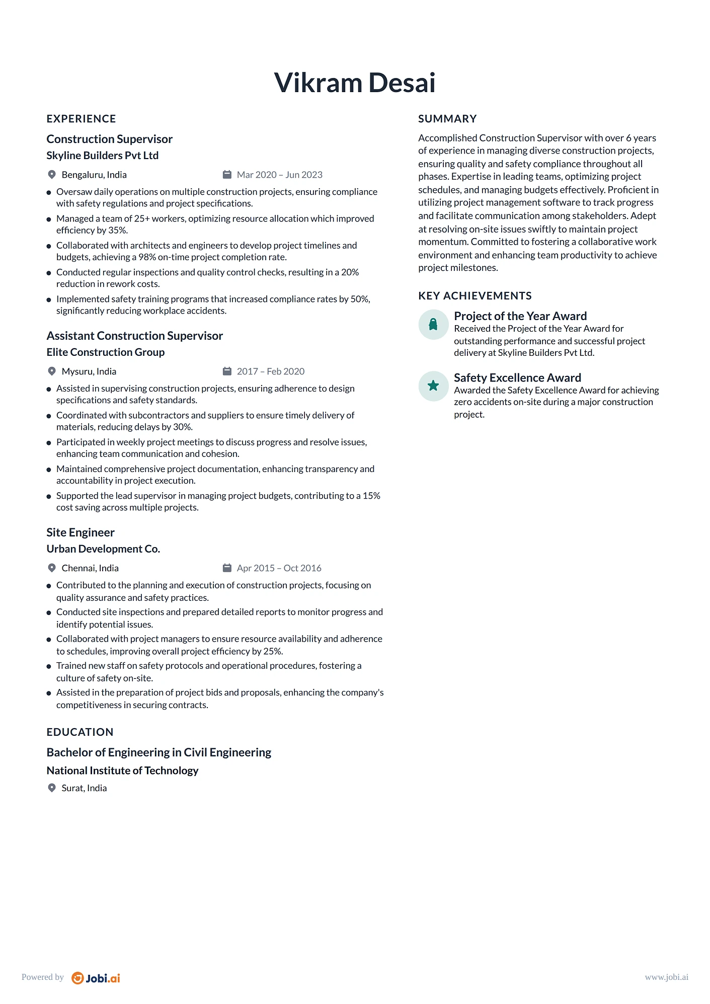 Construction Manager resume example — Construction Supervisor