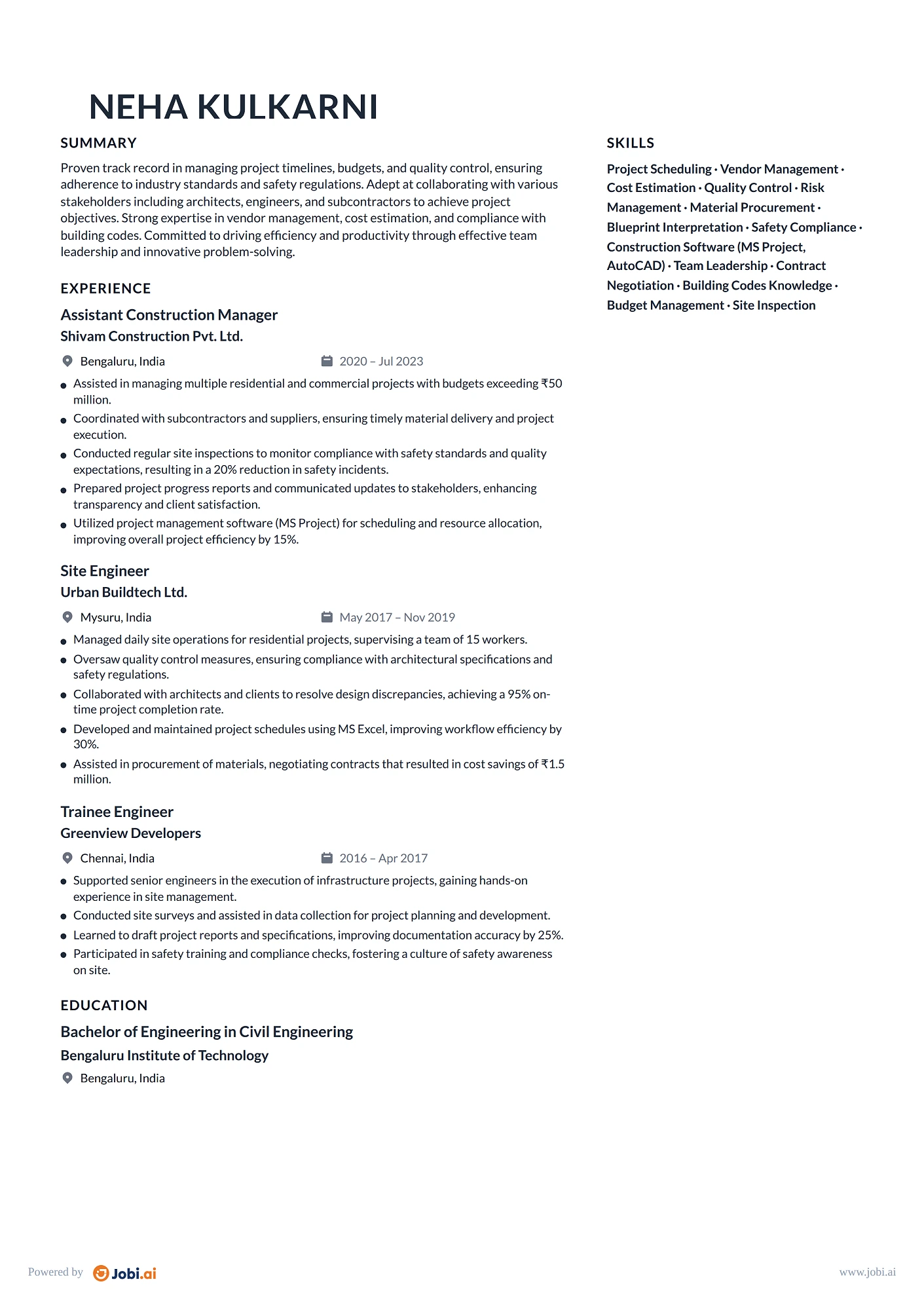 Construction Manager resume example — Assistant Construction Manager