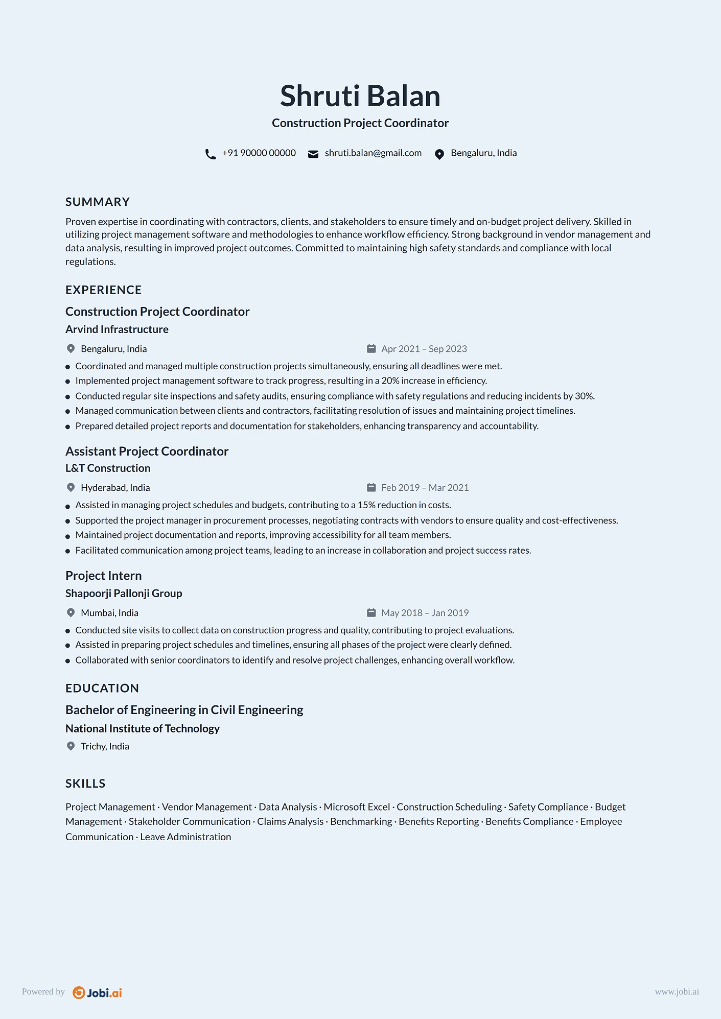 Construction Manager resume example — Construction Project Coordinator