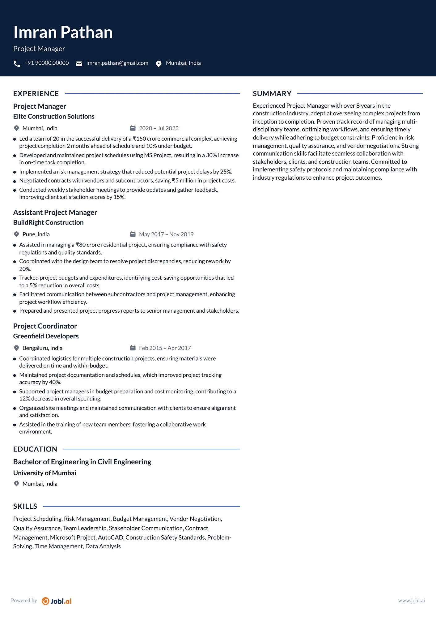 Construction Manager resume example — Project Manager