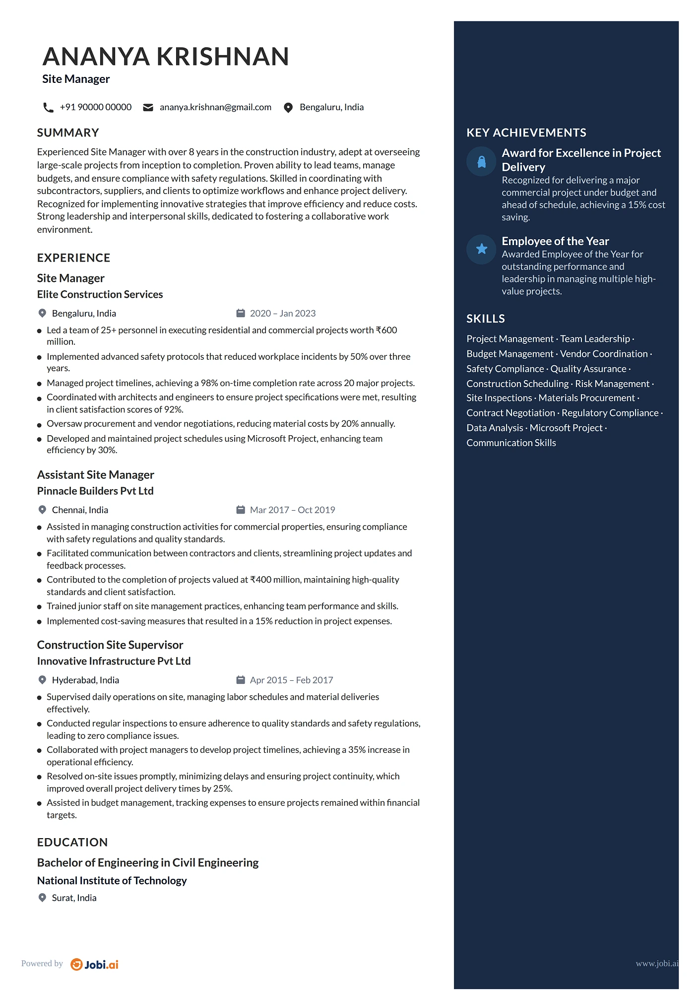 Construction Manager resume example — Site Manager