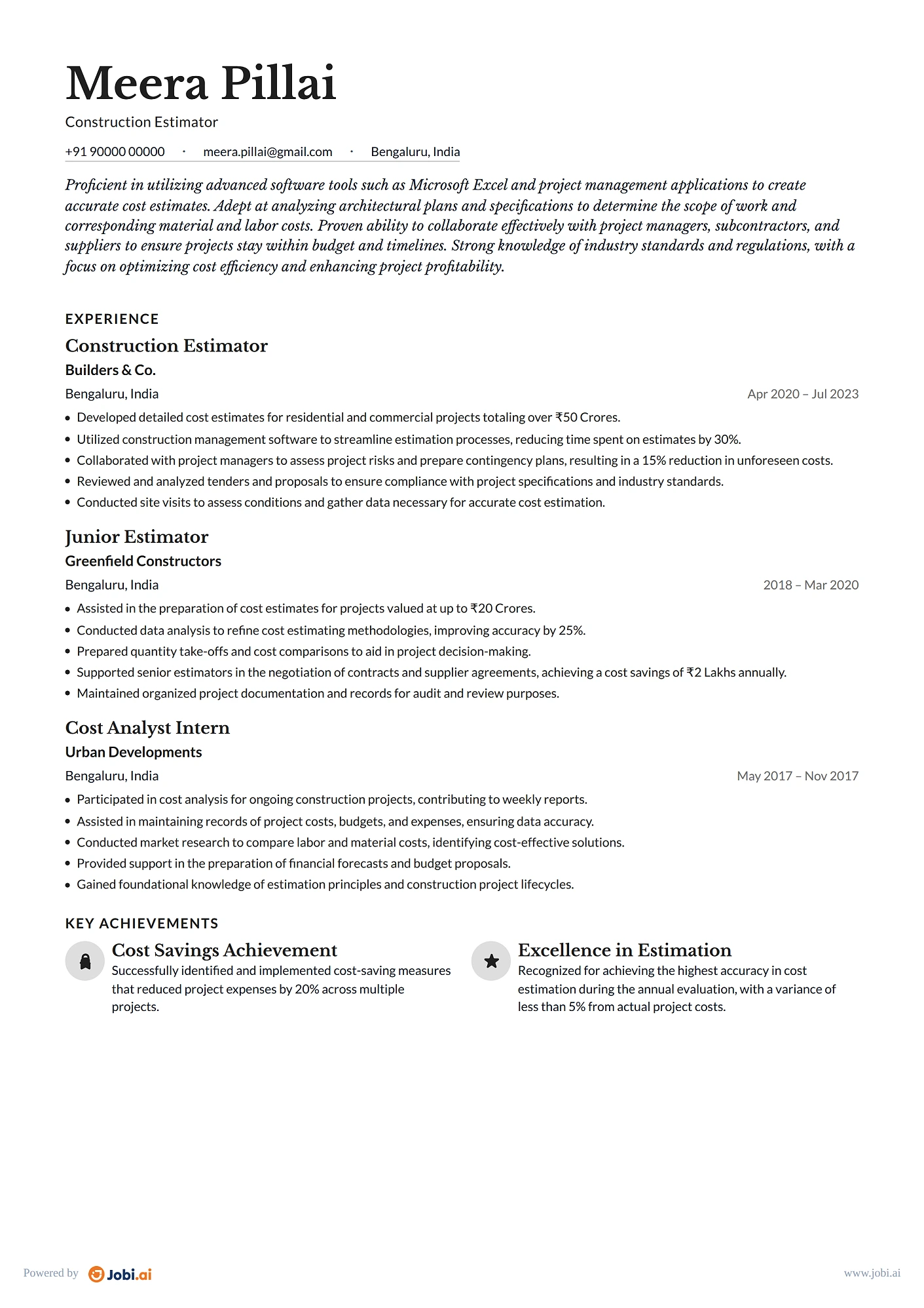 Construction Manager resume example — Construction Estimator