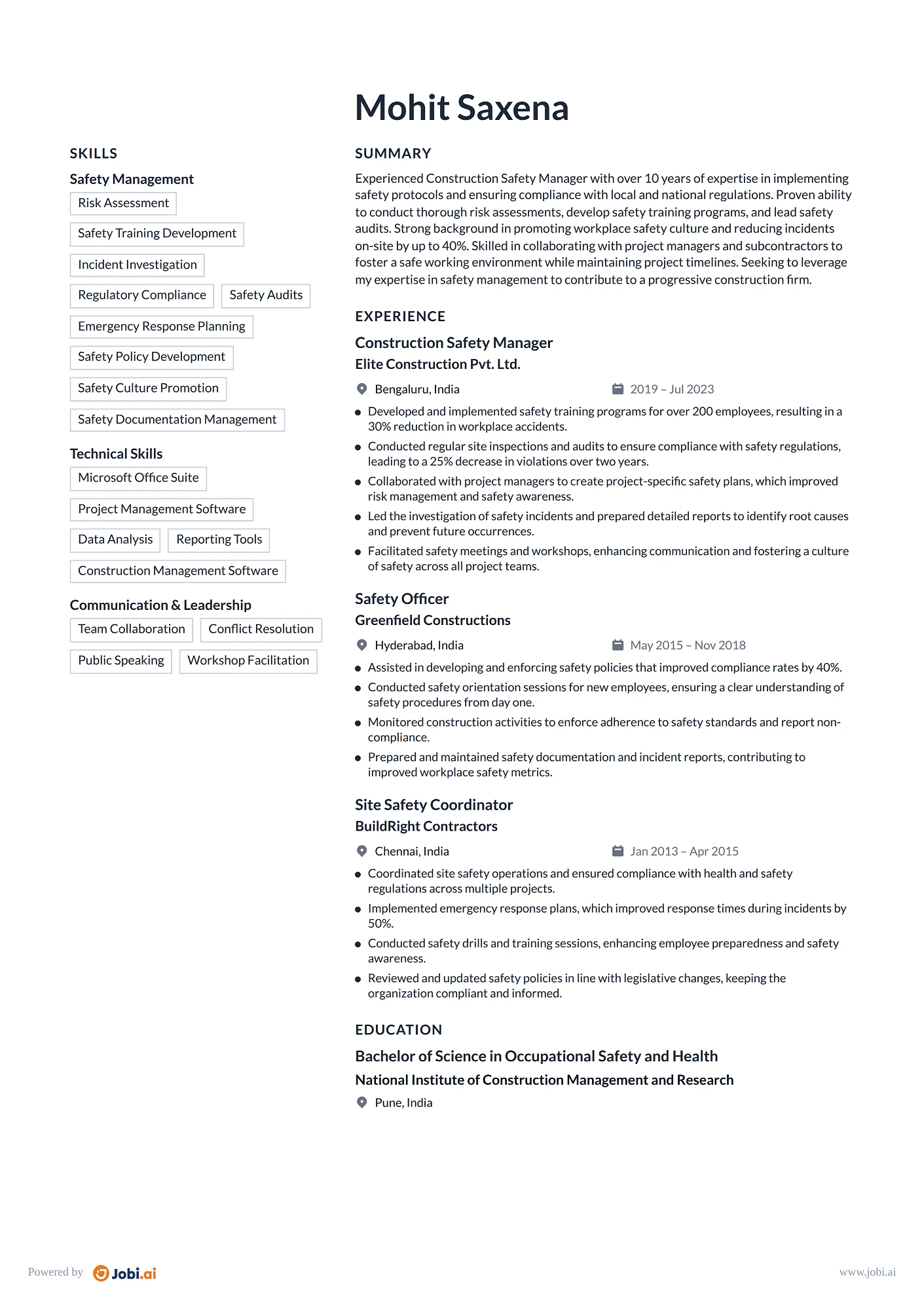 Construction Manager resume example — Construction Safety Manager