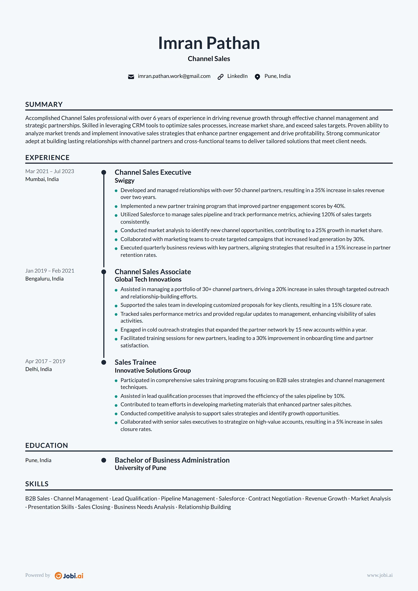 Channel Sales resume example