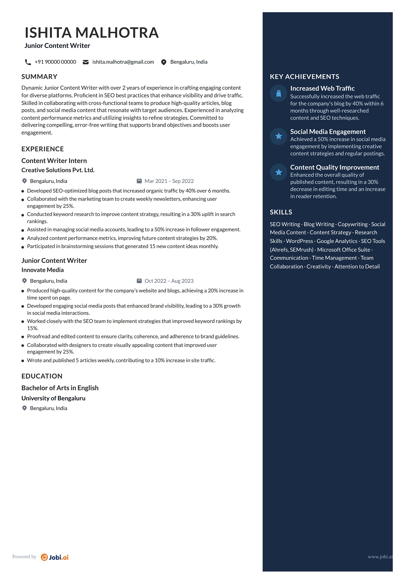 Content Writer resume example