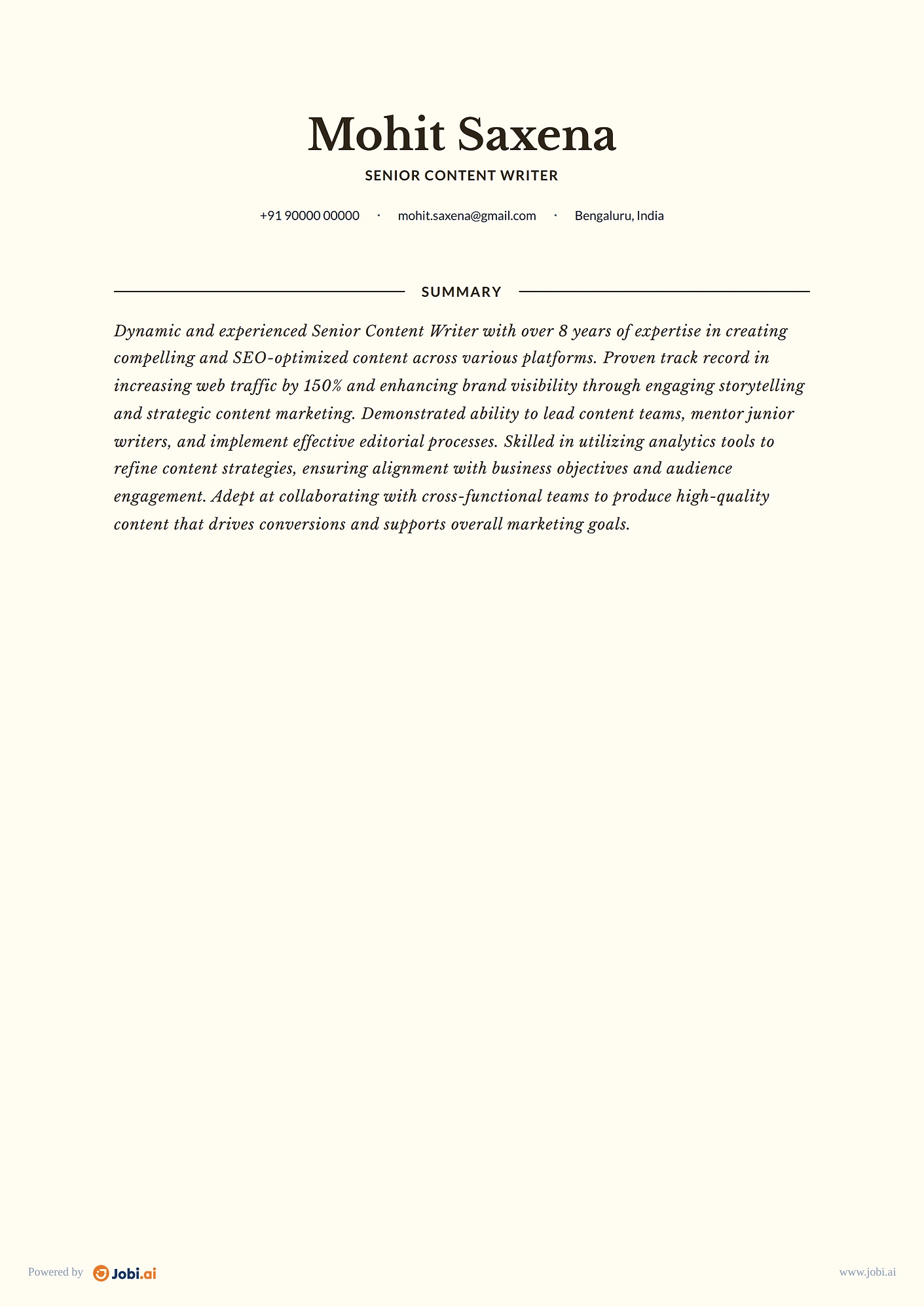 Content Writer resume example — Senior Content Writer