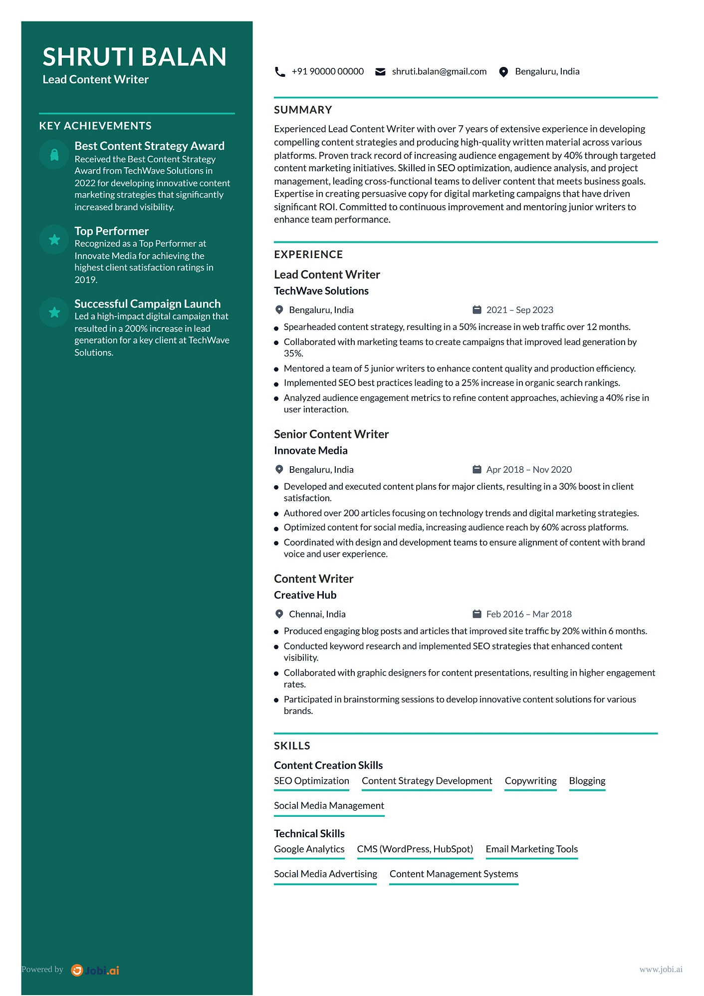 Content Writer resume example — Lead Content Writer