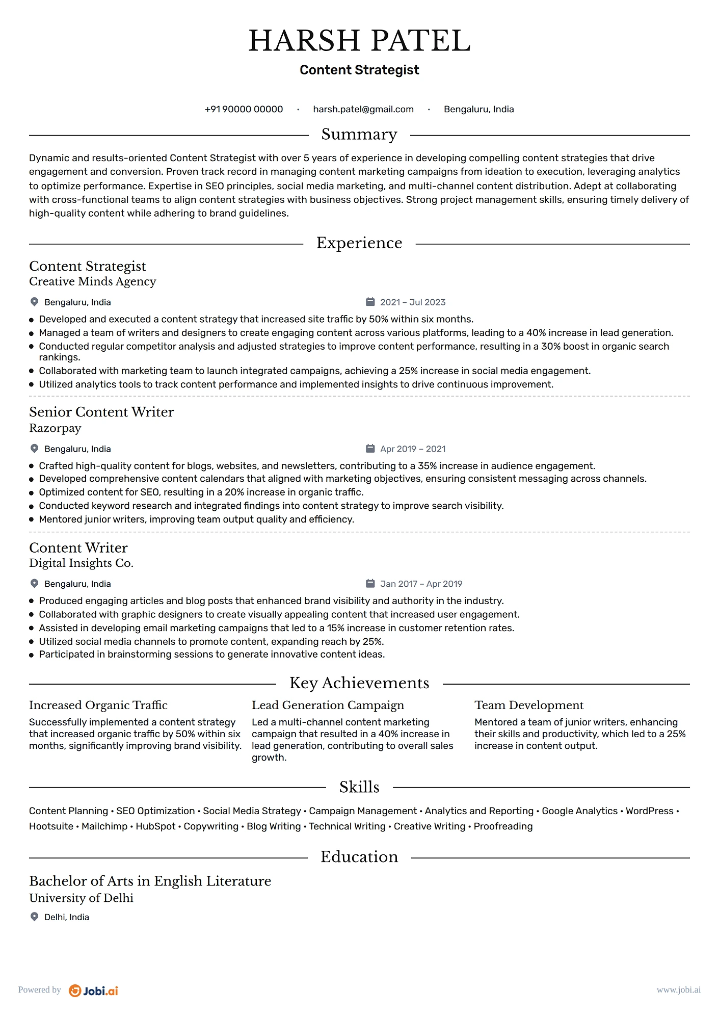 Content Writer resume example — Content Strategist