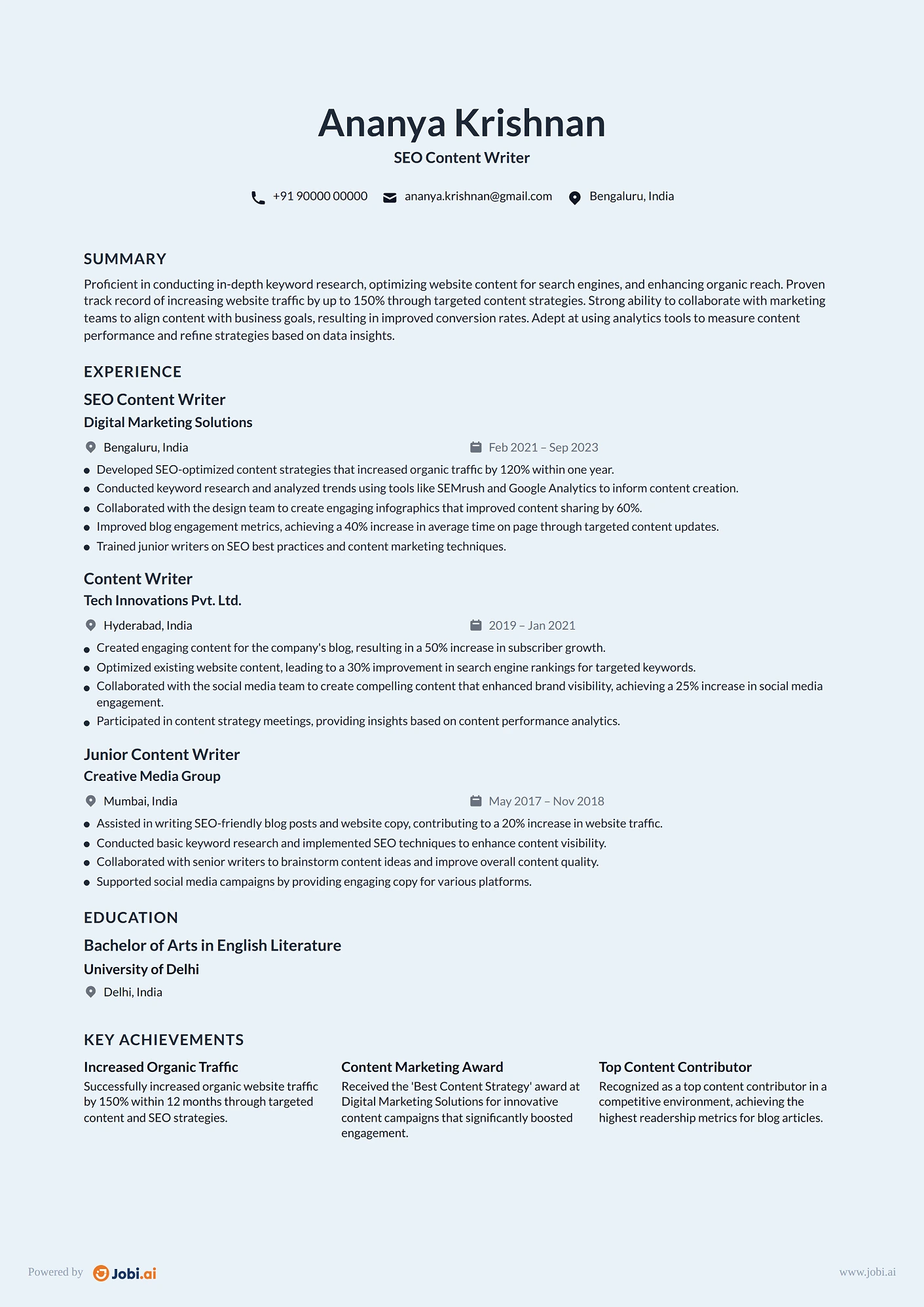 Content Writer resume example — SEO Content Writer