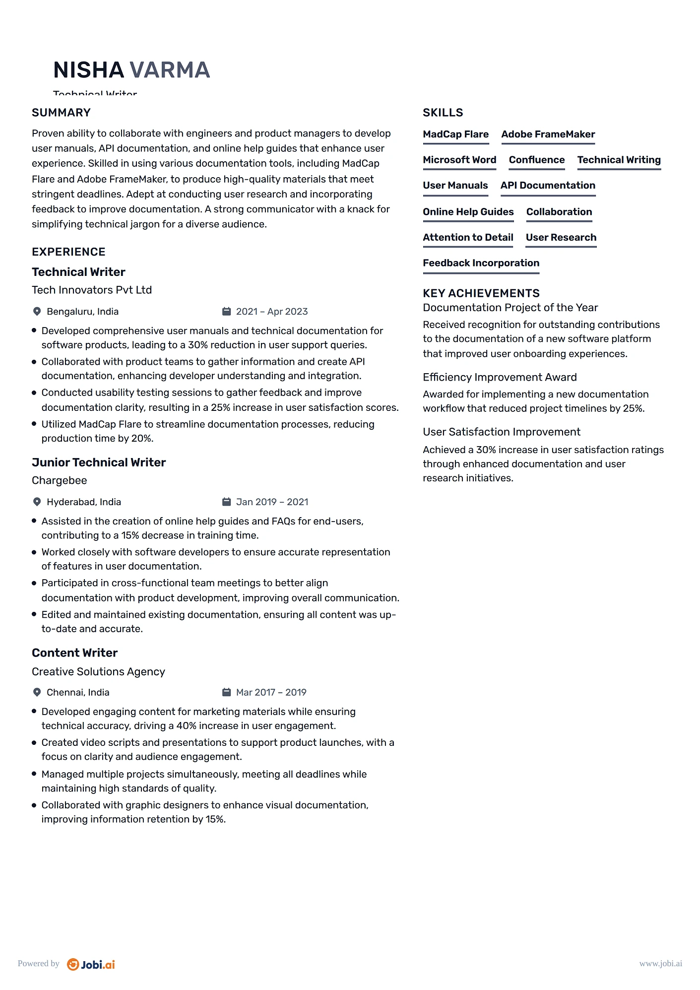 Content Writer resume example — Technical Writer