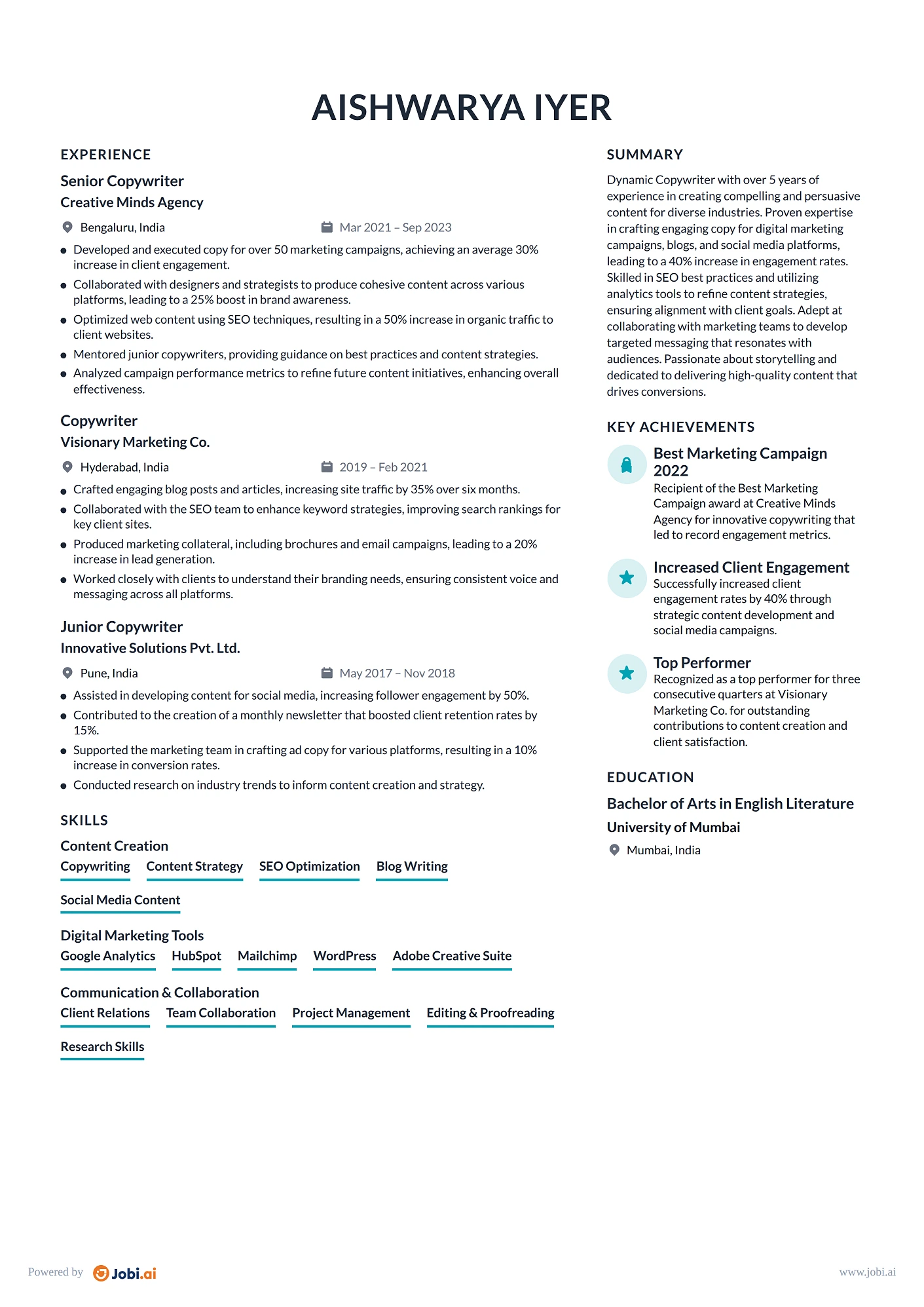 Content Writer resume example — Copywriter