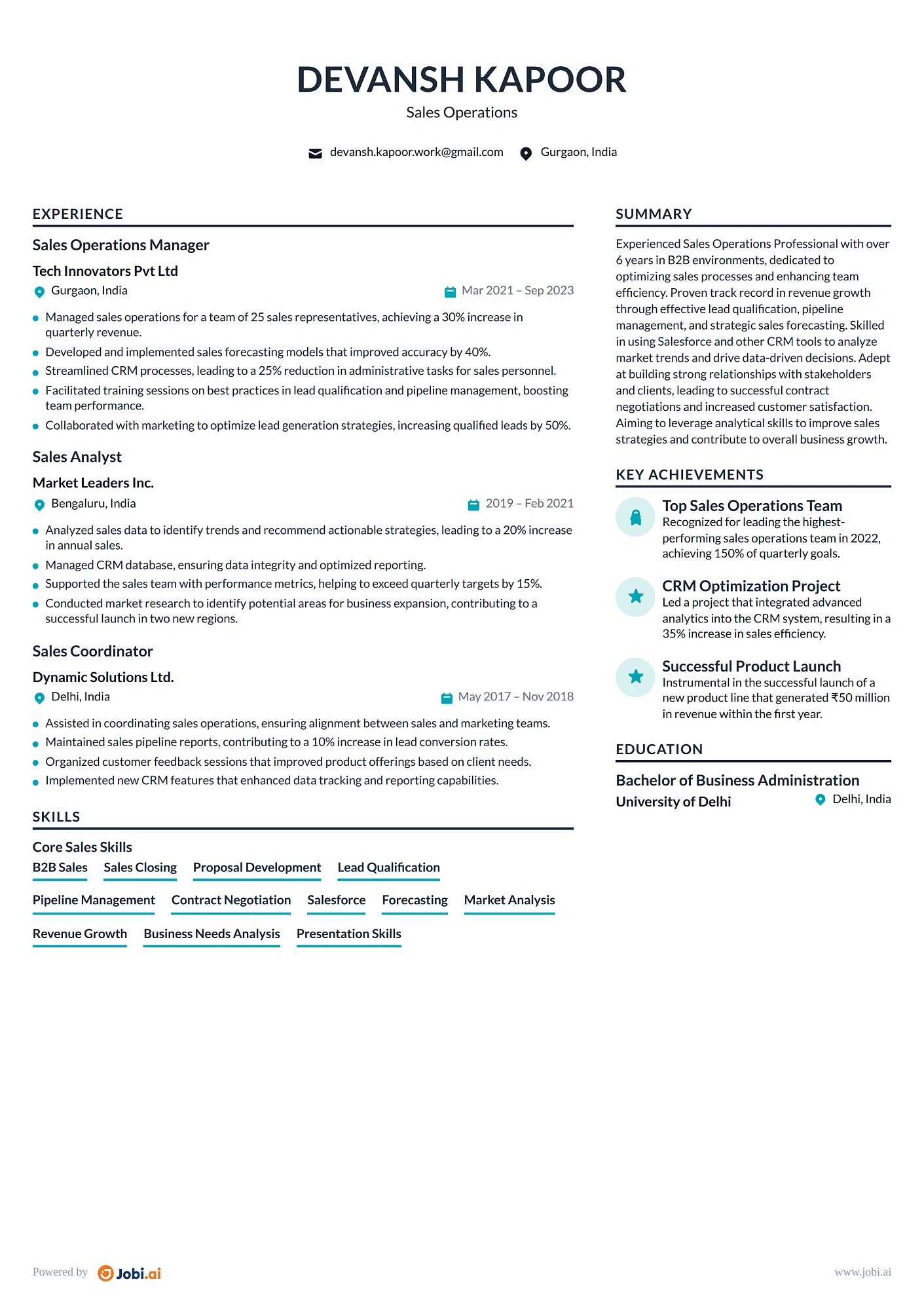 Sales Operations resume example