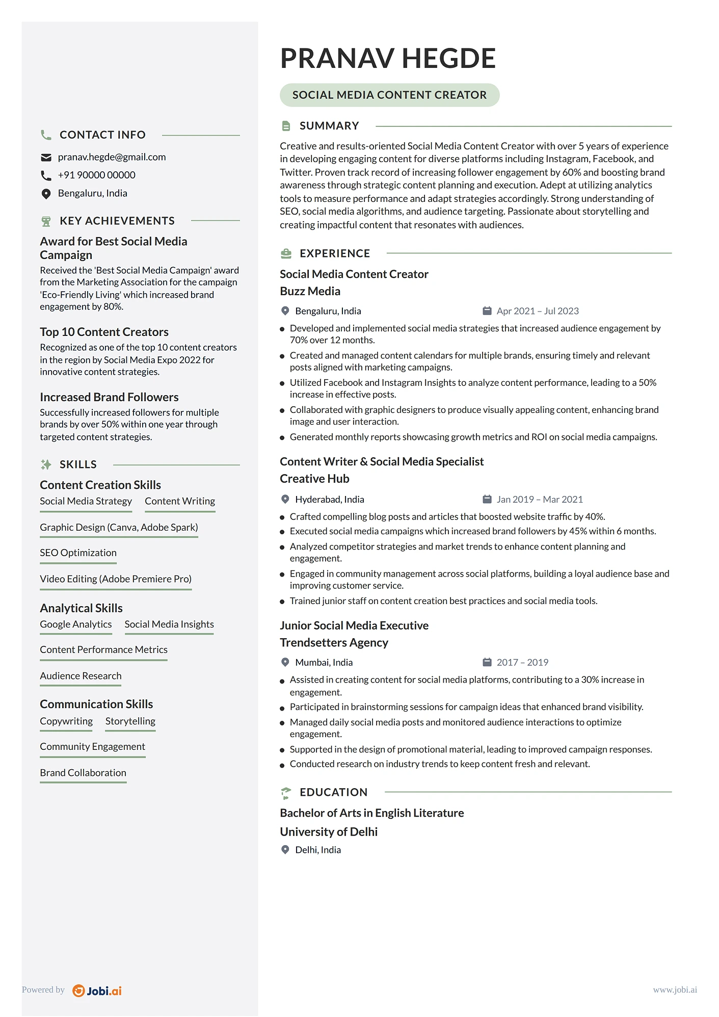 Content Writer resume example — Social Media Content Creator