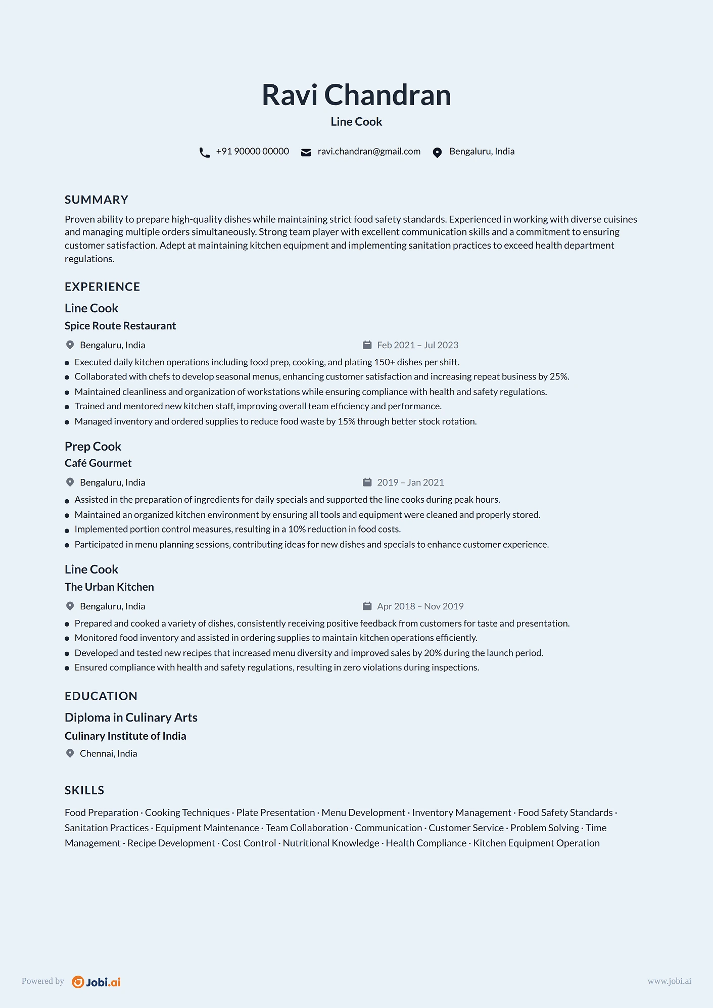 Cook resume example — Line Cook