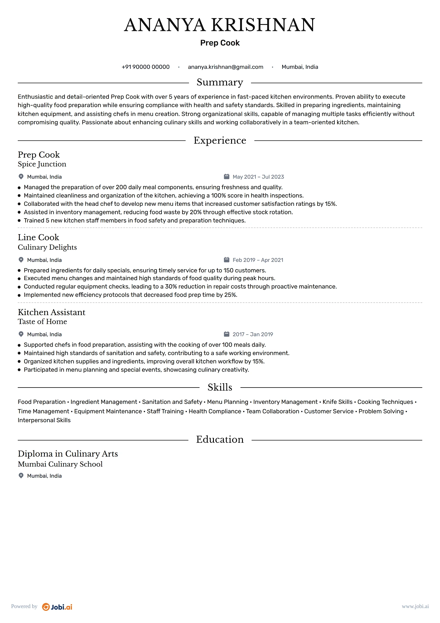 Cook resume example — Prep Cook