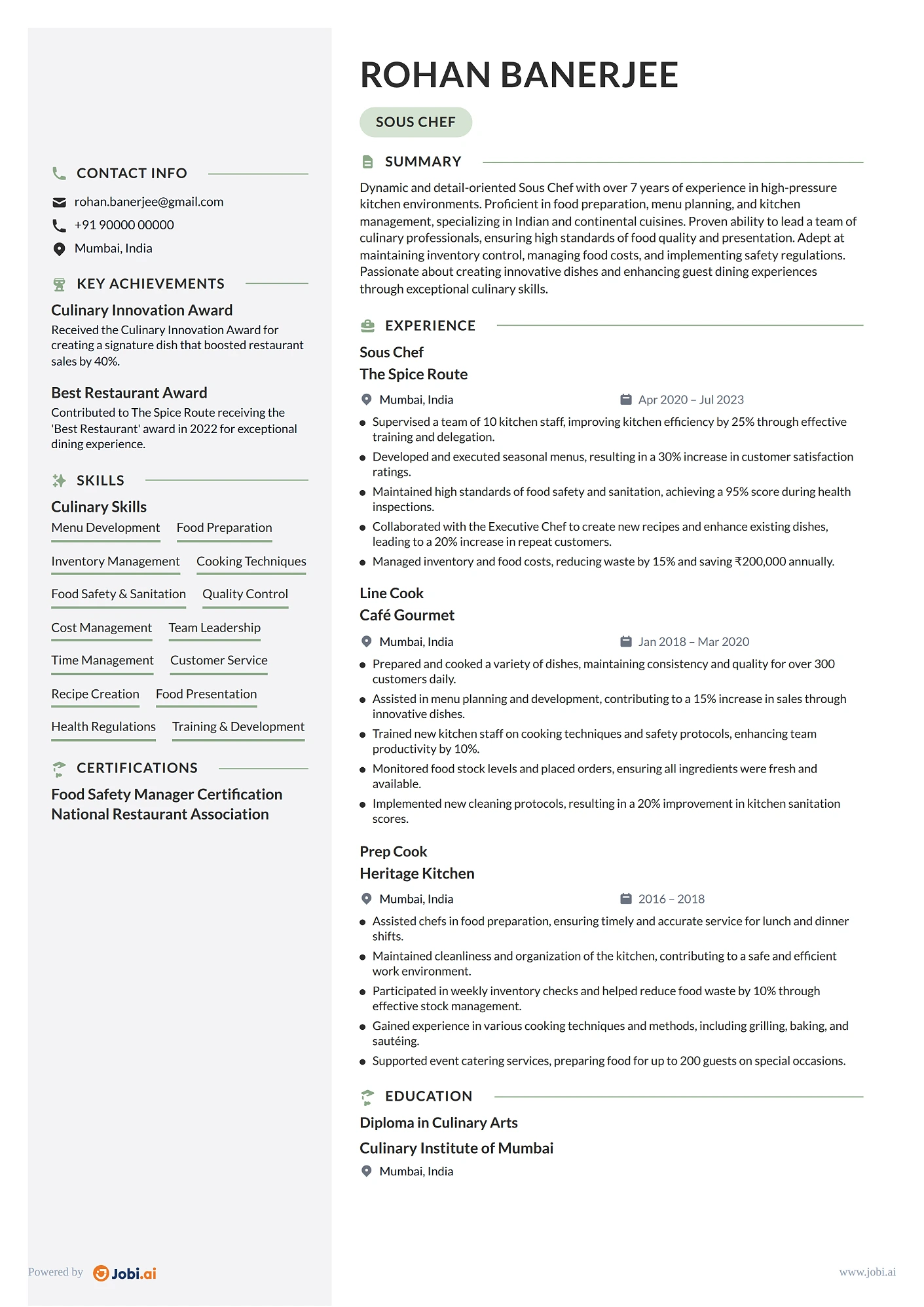 Cook resume example — Sous Chef