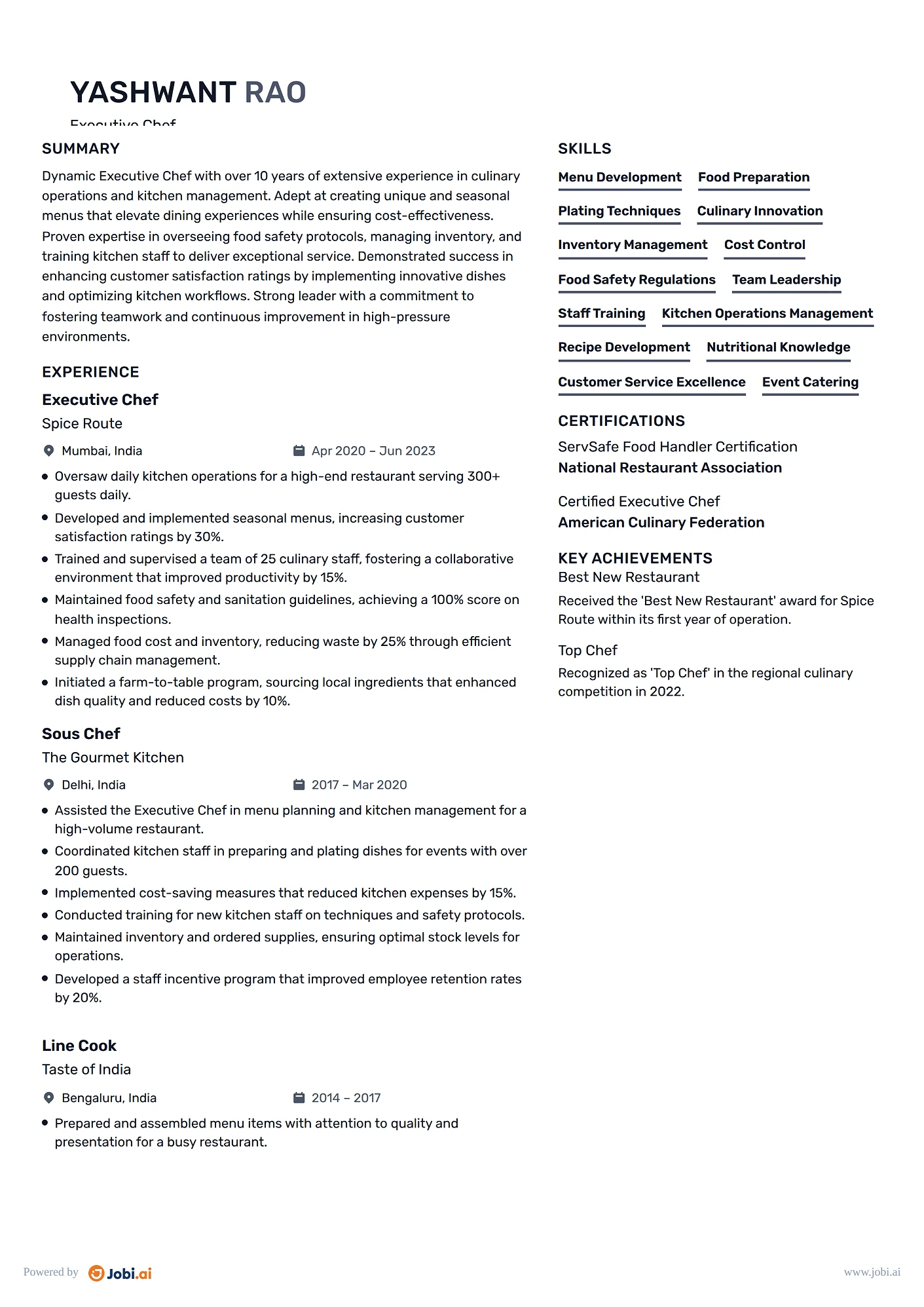 Cook resume example — Executive Chef