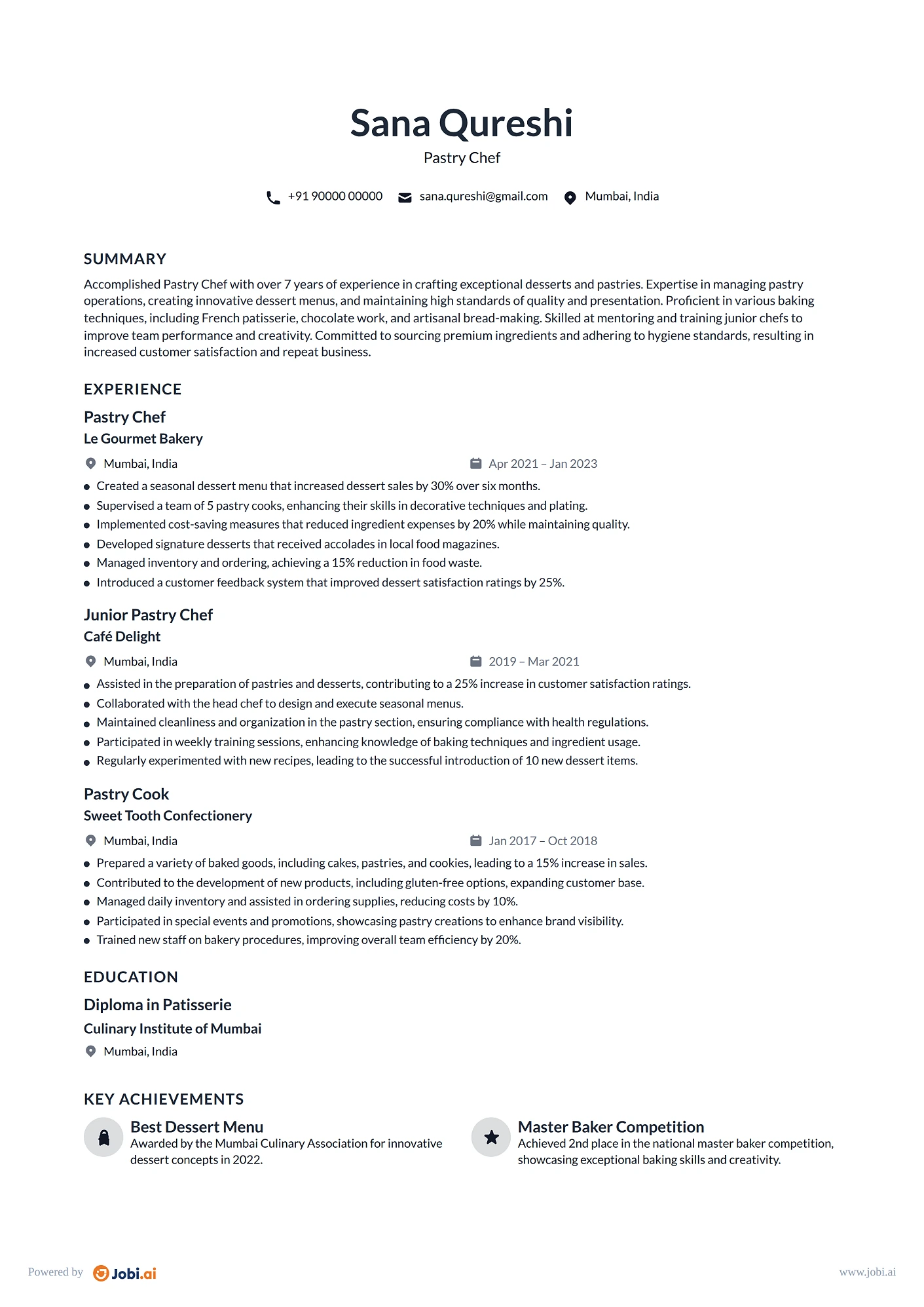Cook resume example — Pastry Chef