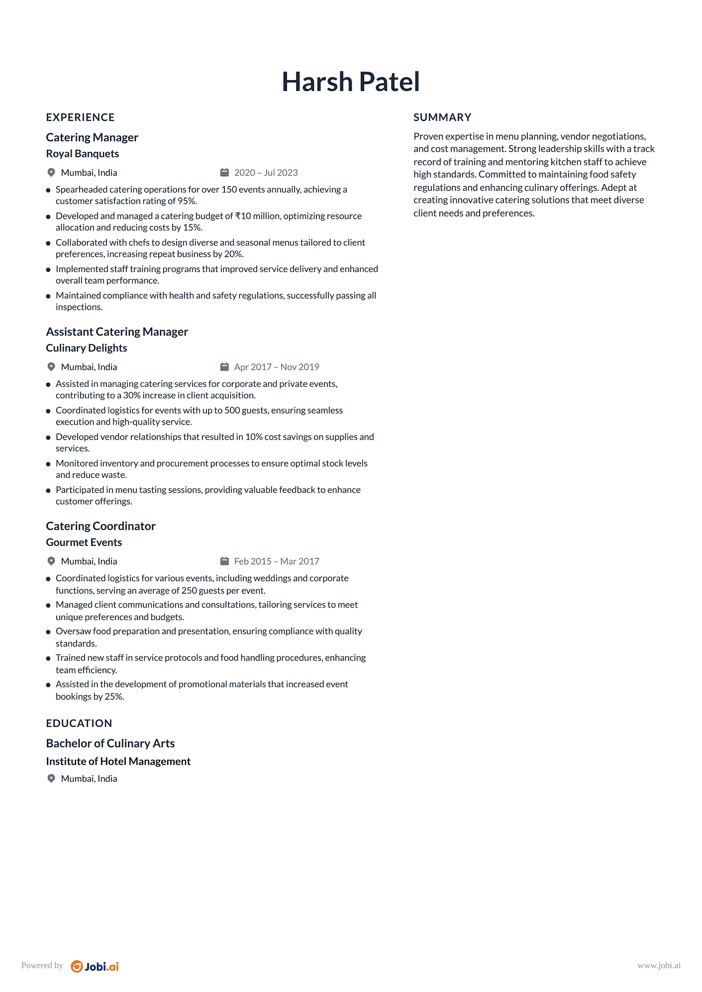 Cook resume example — Catering Manager