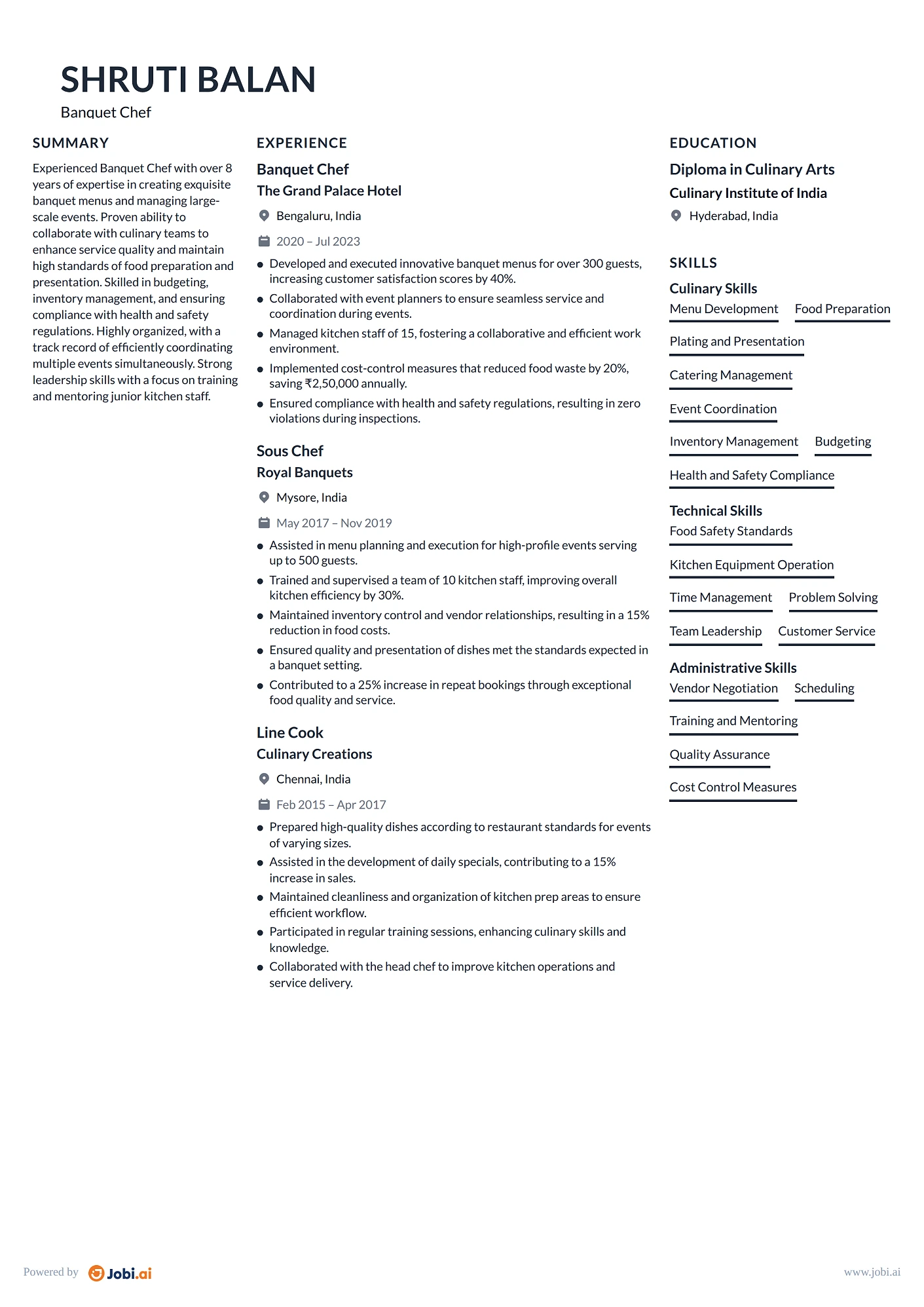Cook resume example — Banquet Chef