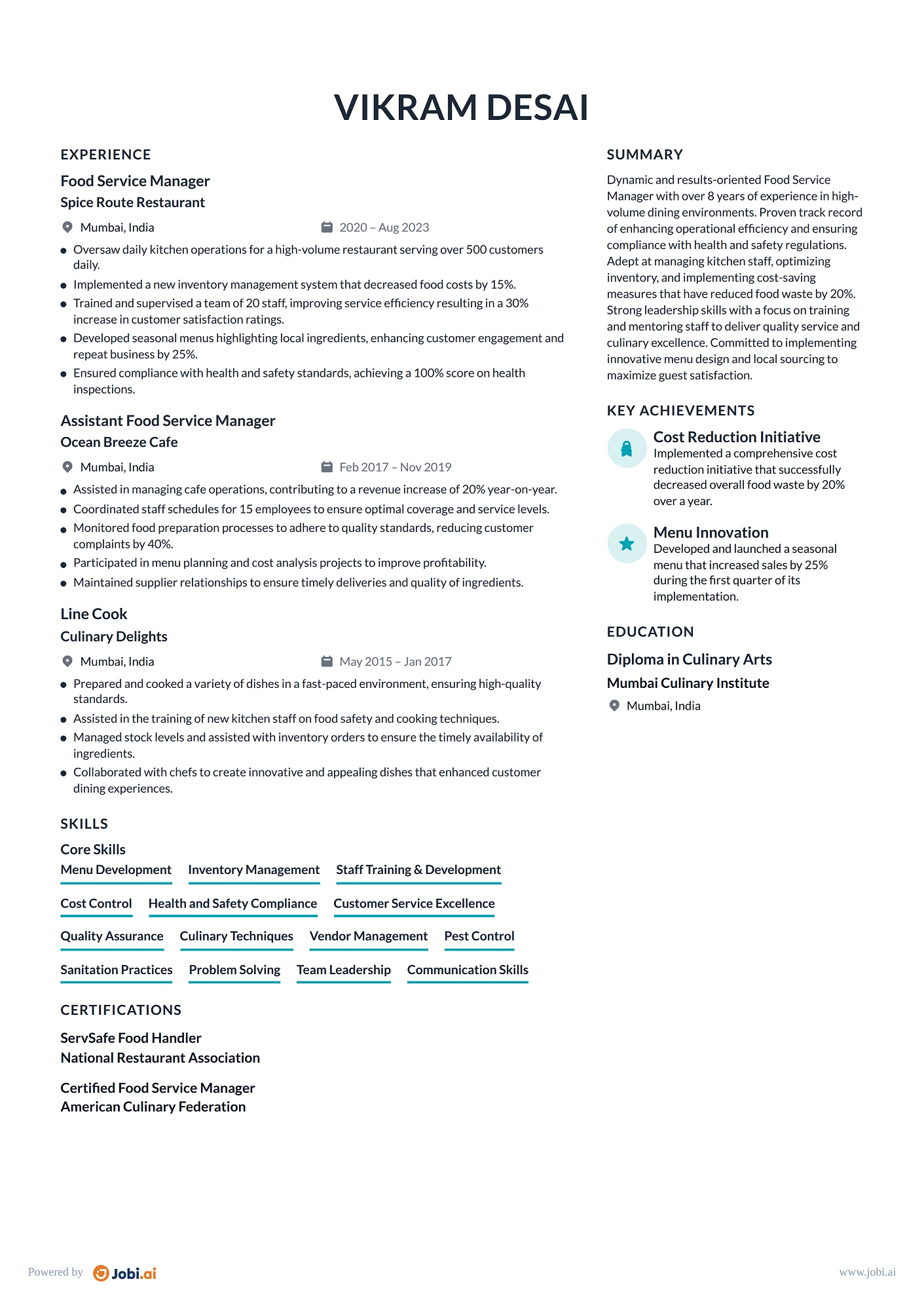 Cook resume example — Food Service Manager
