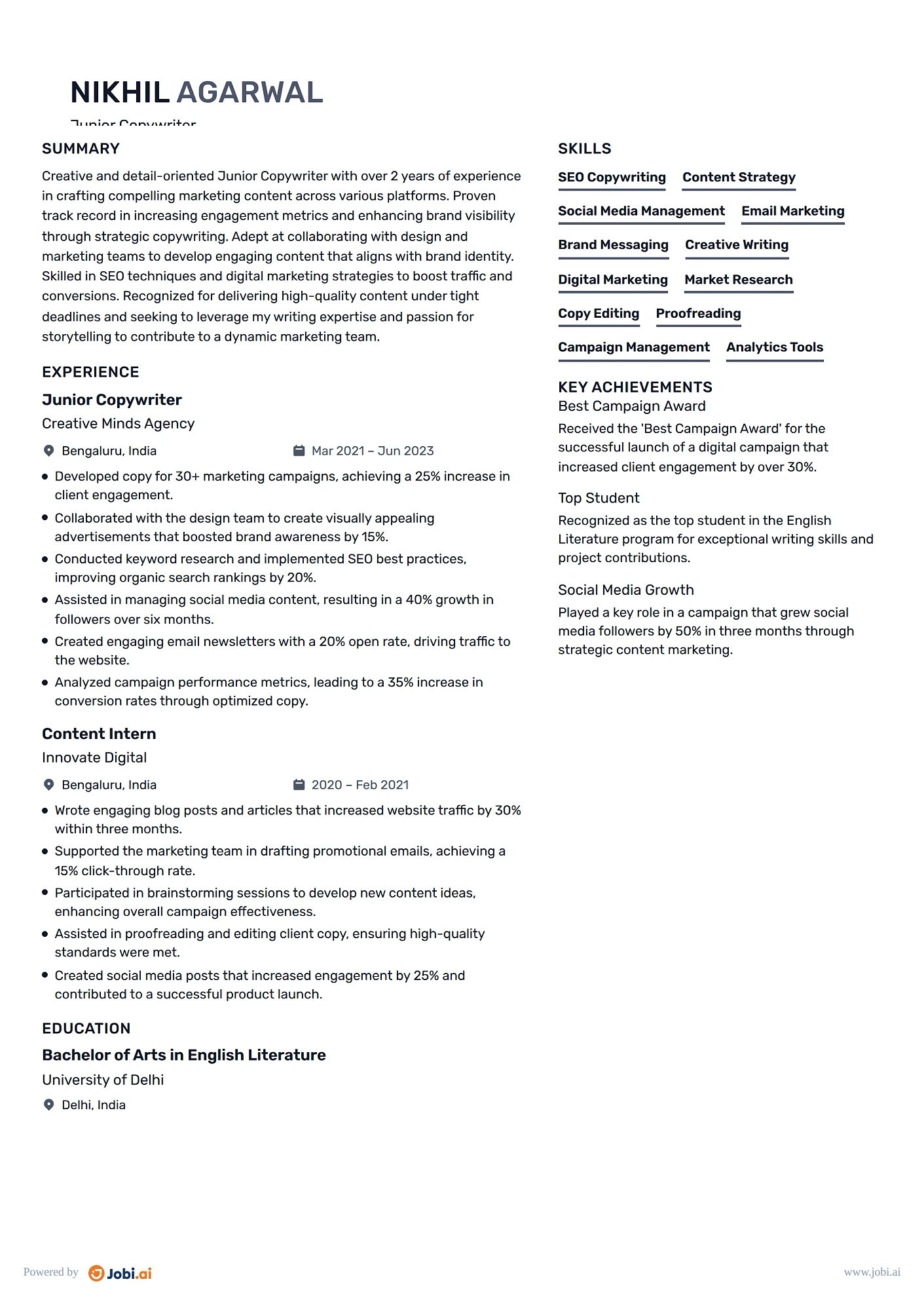 Copywriter resume example — Junior Copywriter