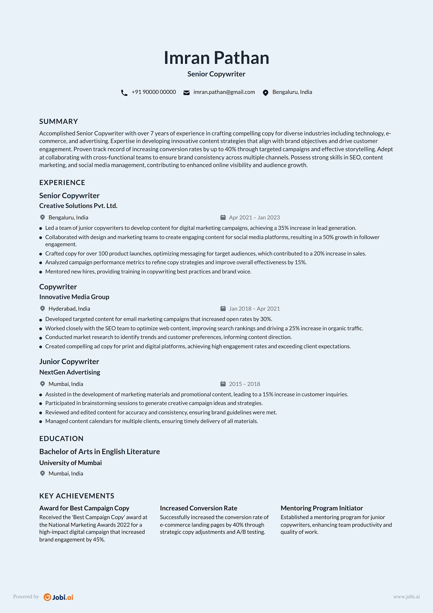Copywriter resume example — Senior Copywriter