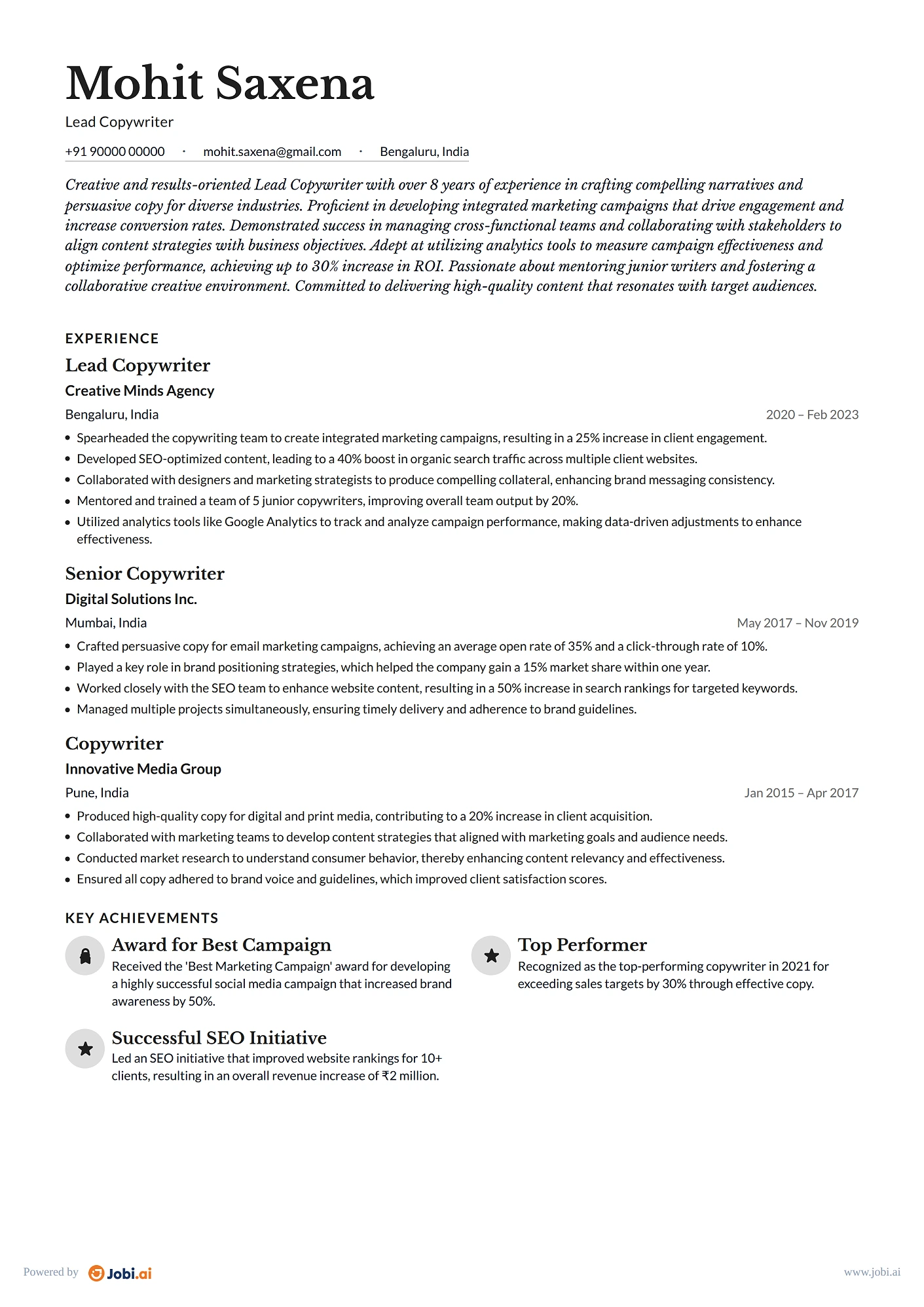 Copywriter resume example — Lead Copywriter