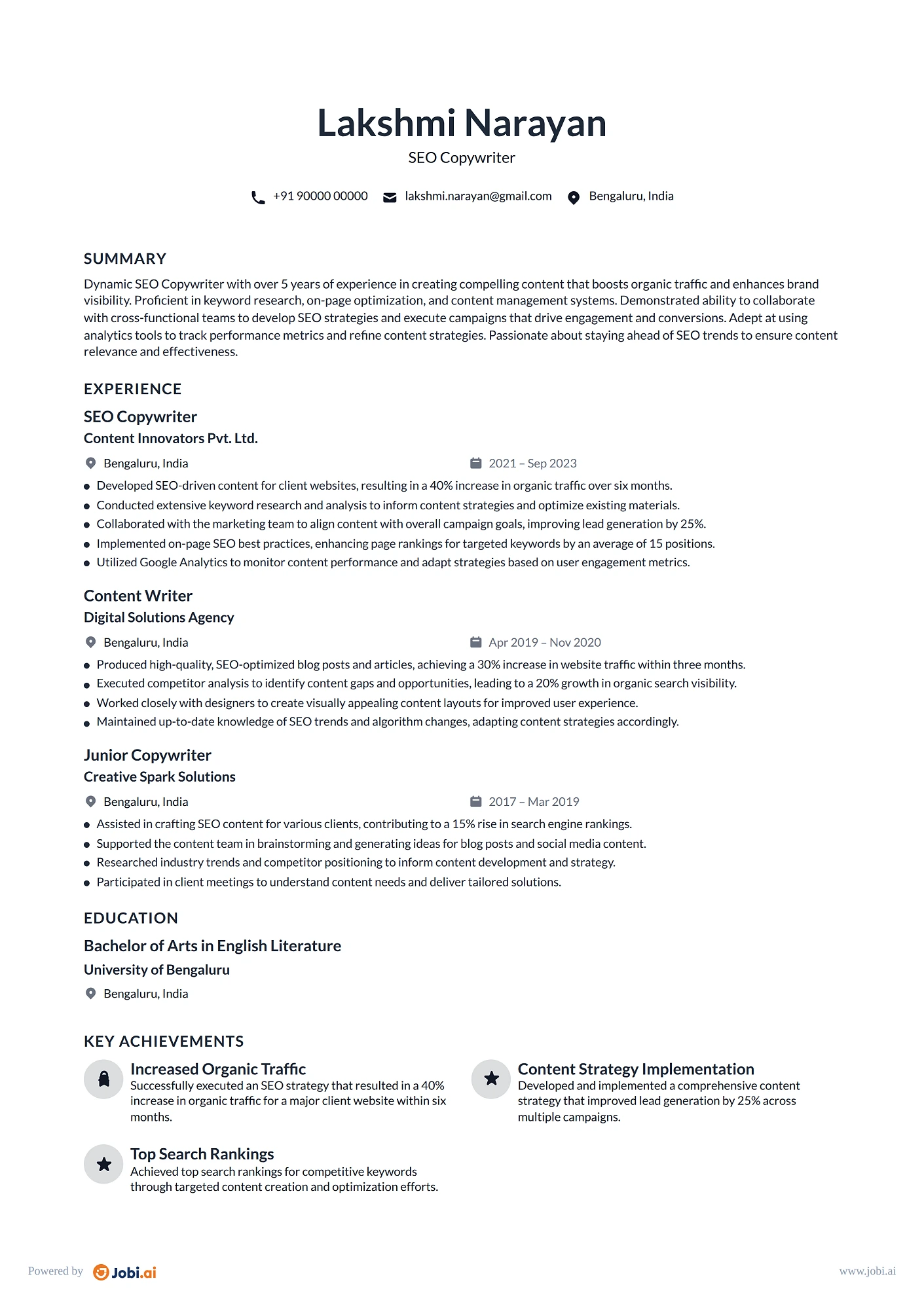 Copywriter resume example — SEO Copywriter