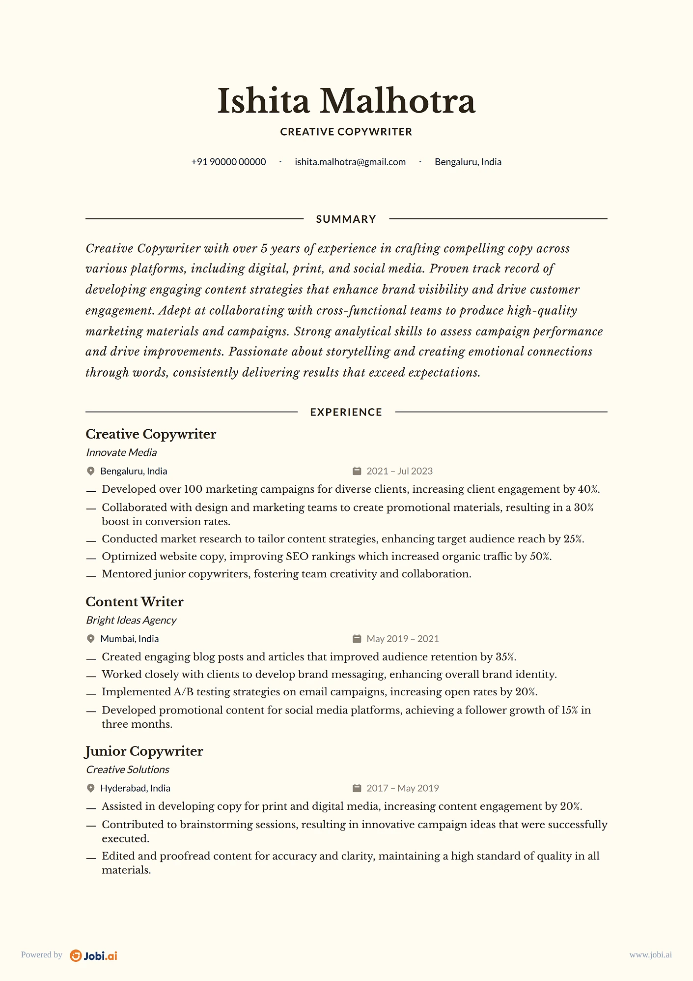Copywriter resume example — Creative Copywriter