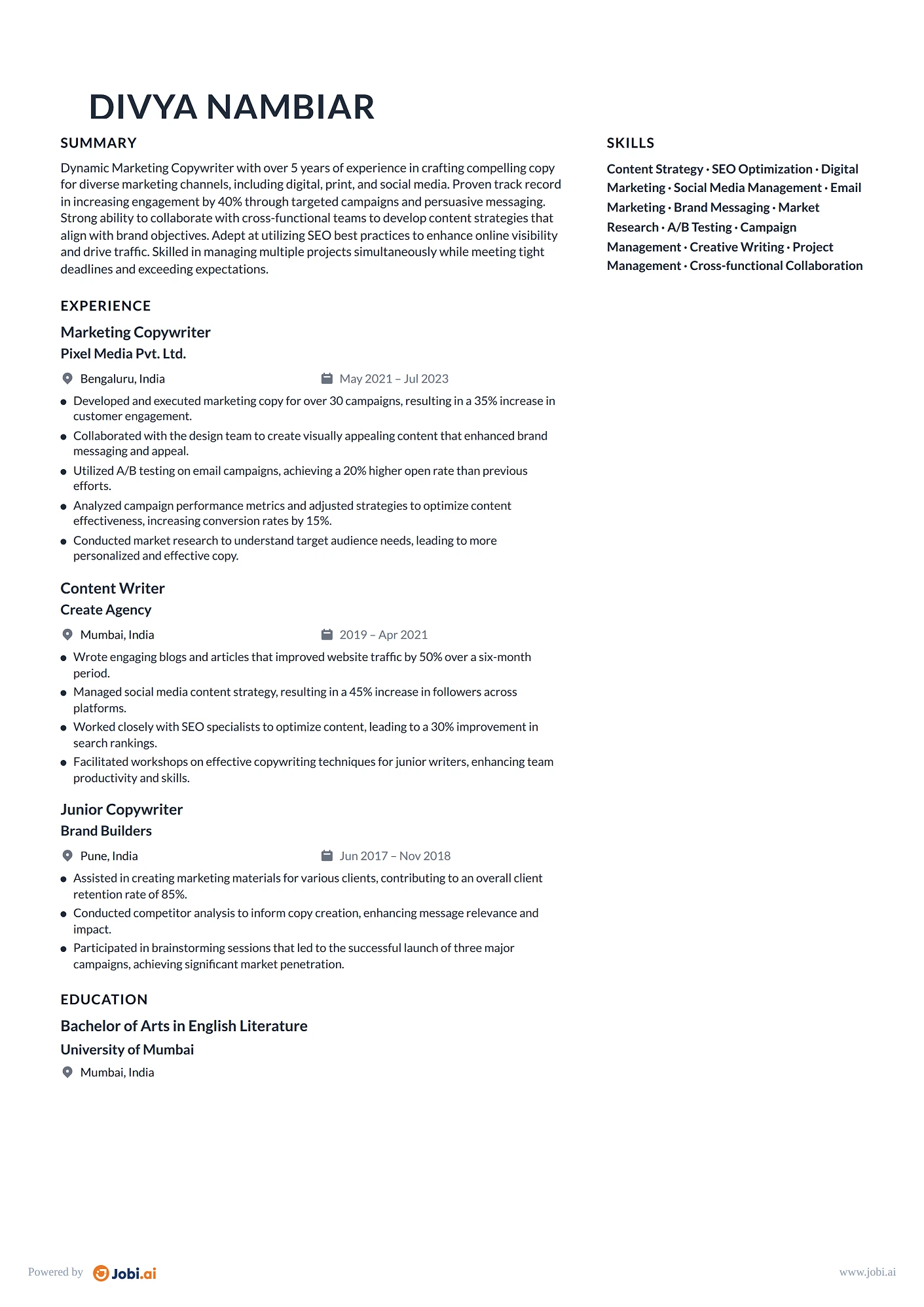 Copywriter resume example — Marketing Copywriter