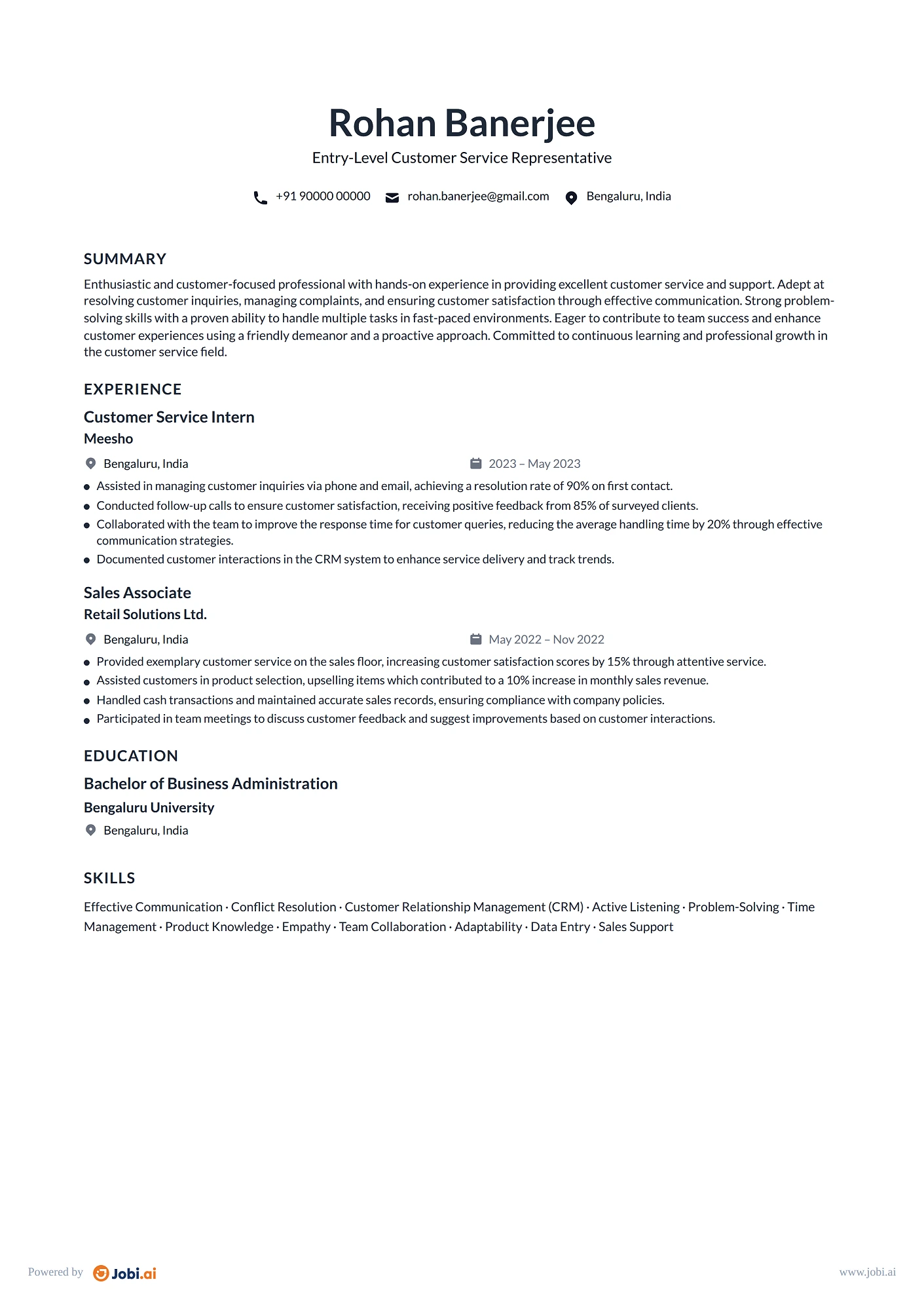 Customer Service Representative resume example