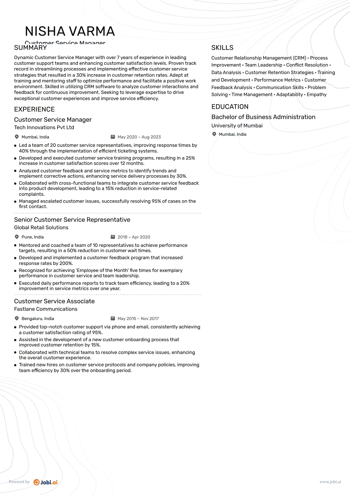 Customer Service Representative resume example — Customer Service Manager