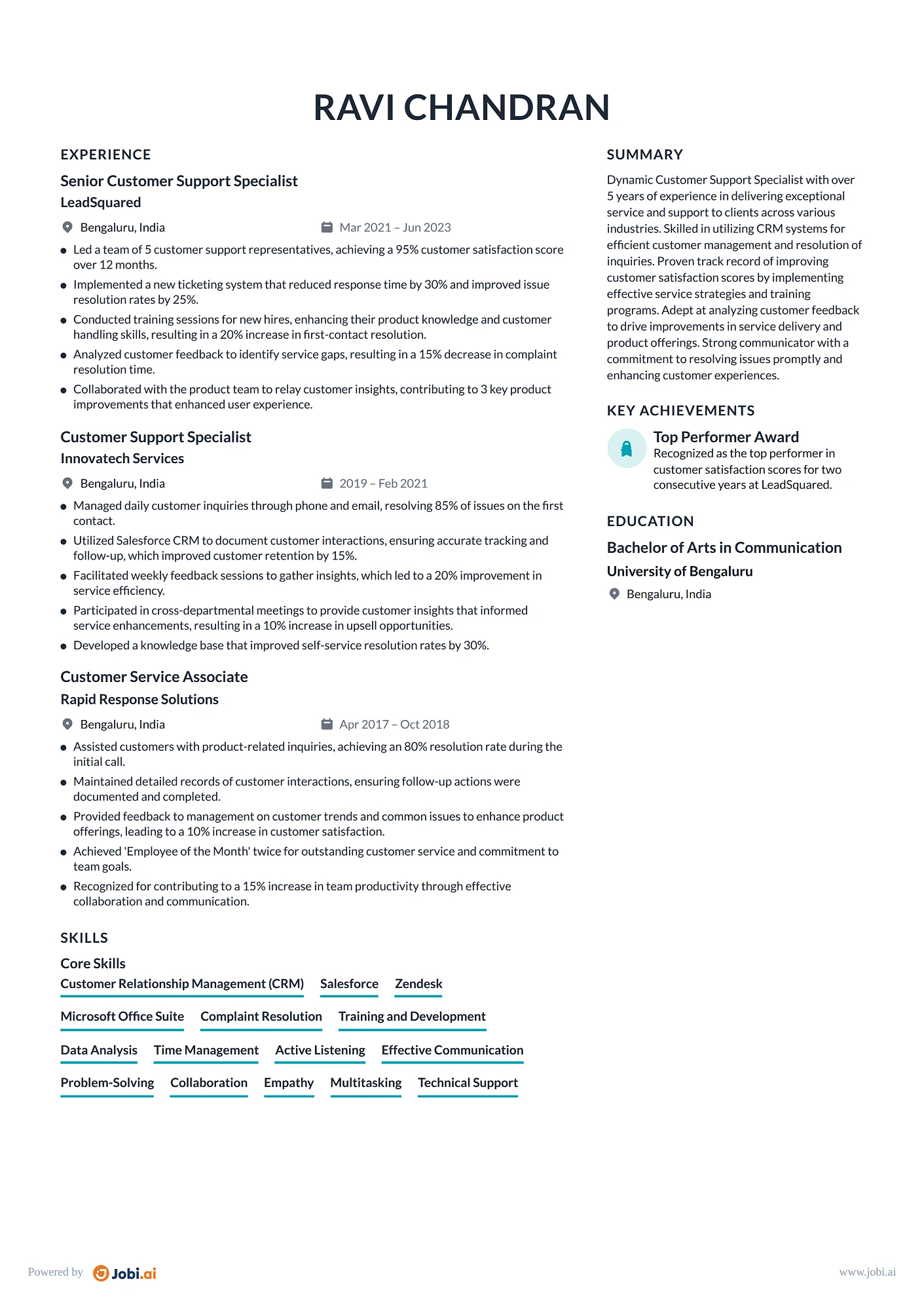 Customer Service Representative resume example — Customer Support Specialist