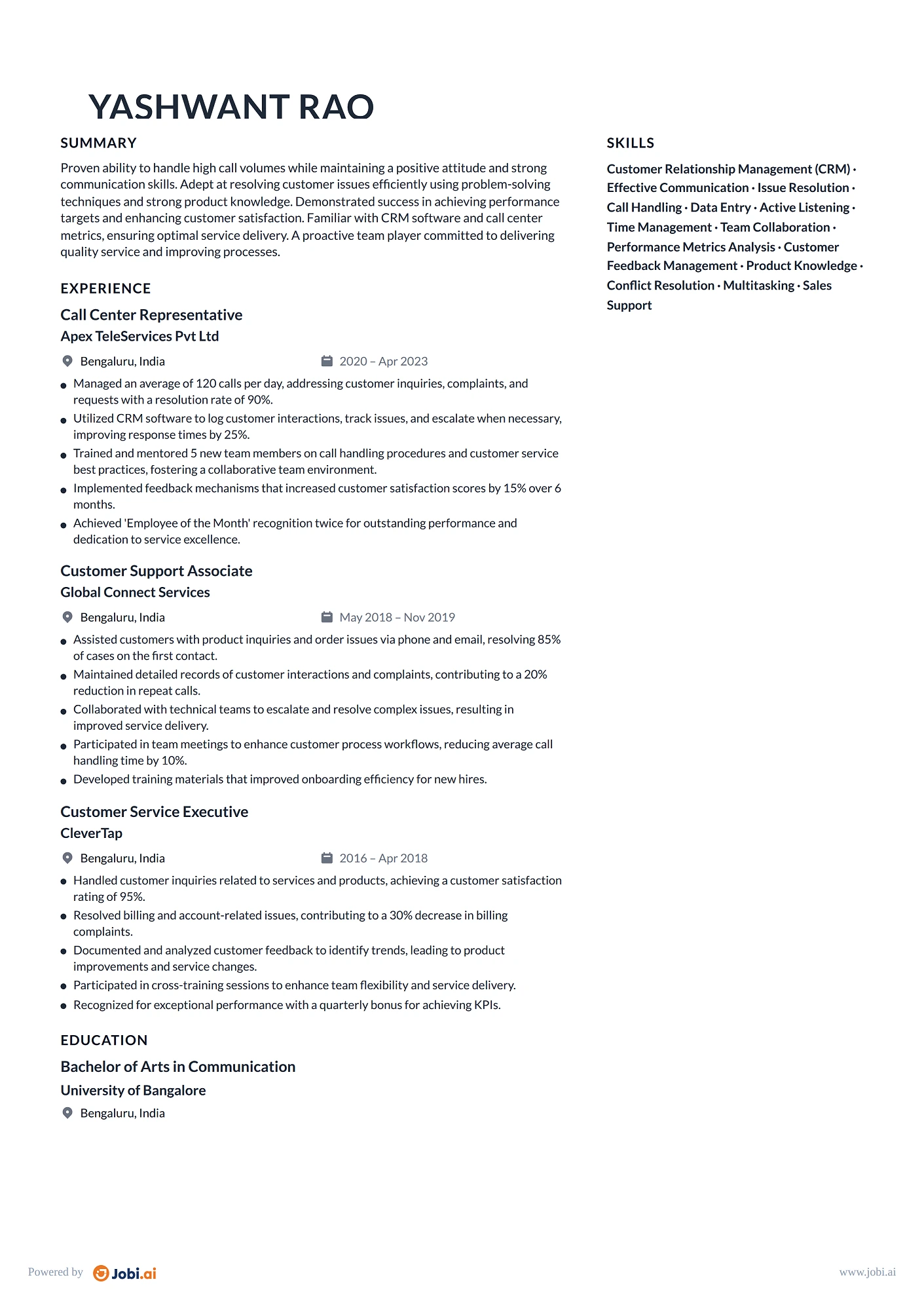 Customer Service Representative resume example — Call Center Representative