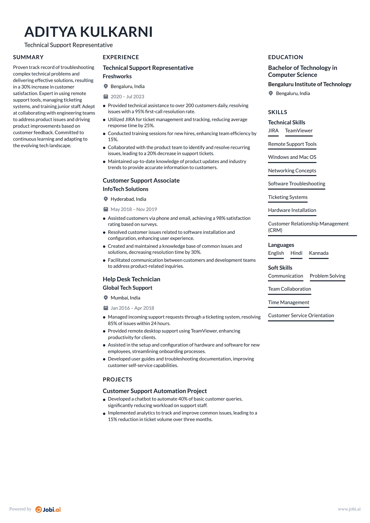 Customer Service Representative resume example — Technical Support Representative