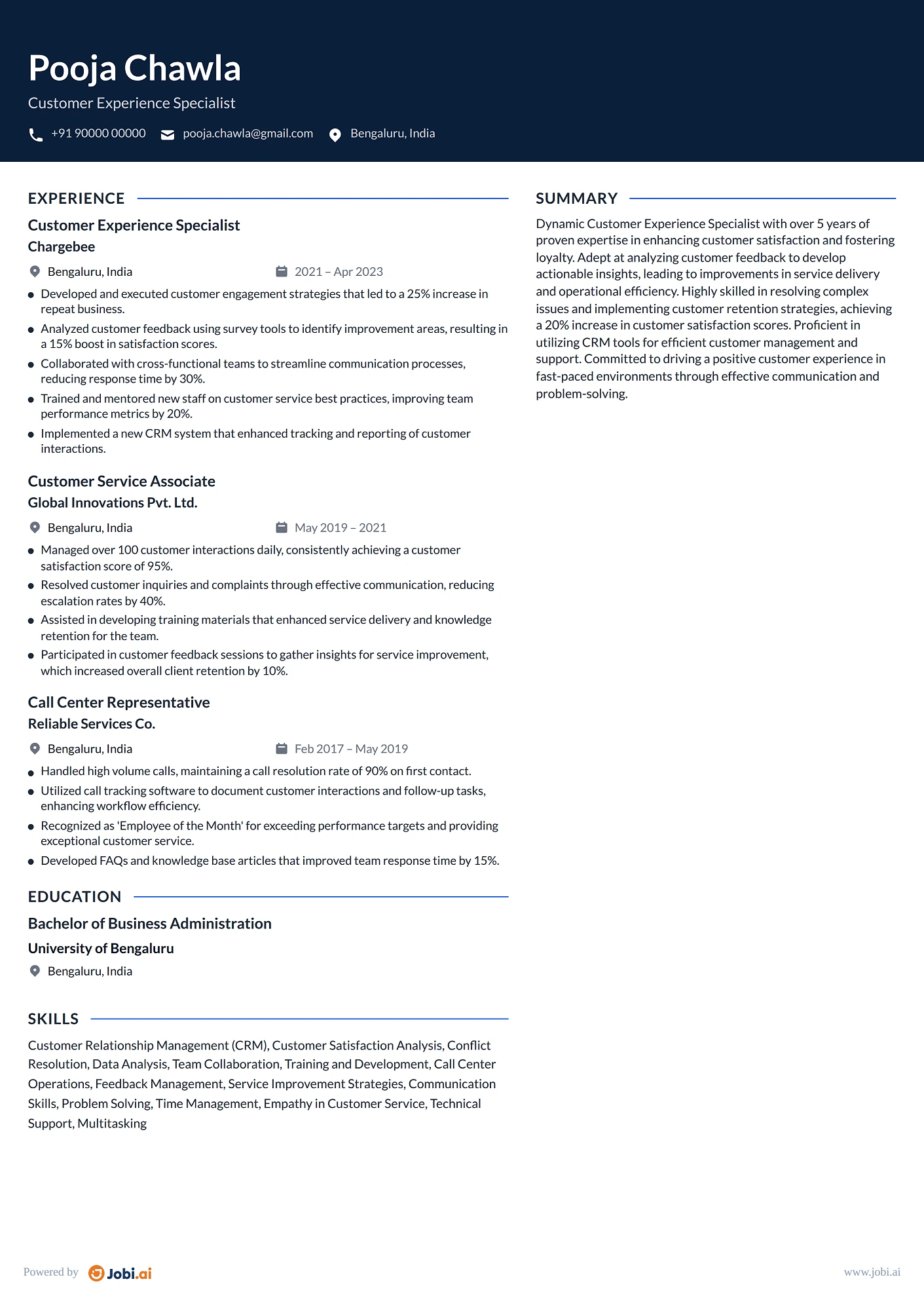 Customer Service Representative resume example — Customer Experience Specialist