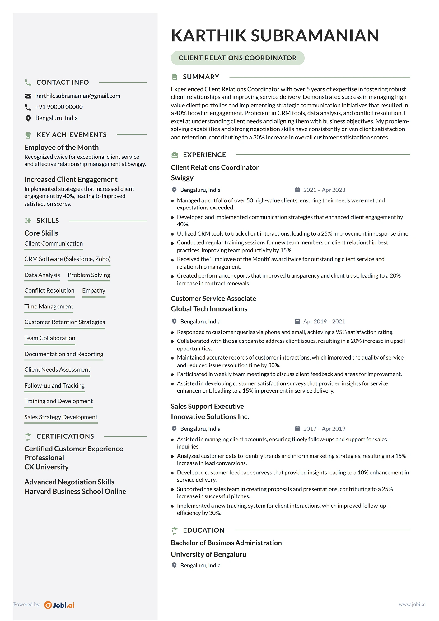Customer Service Representative resume example — Client Relations Coordinator