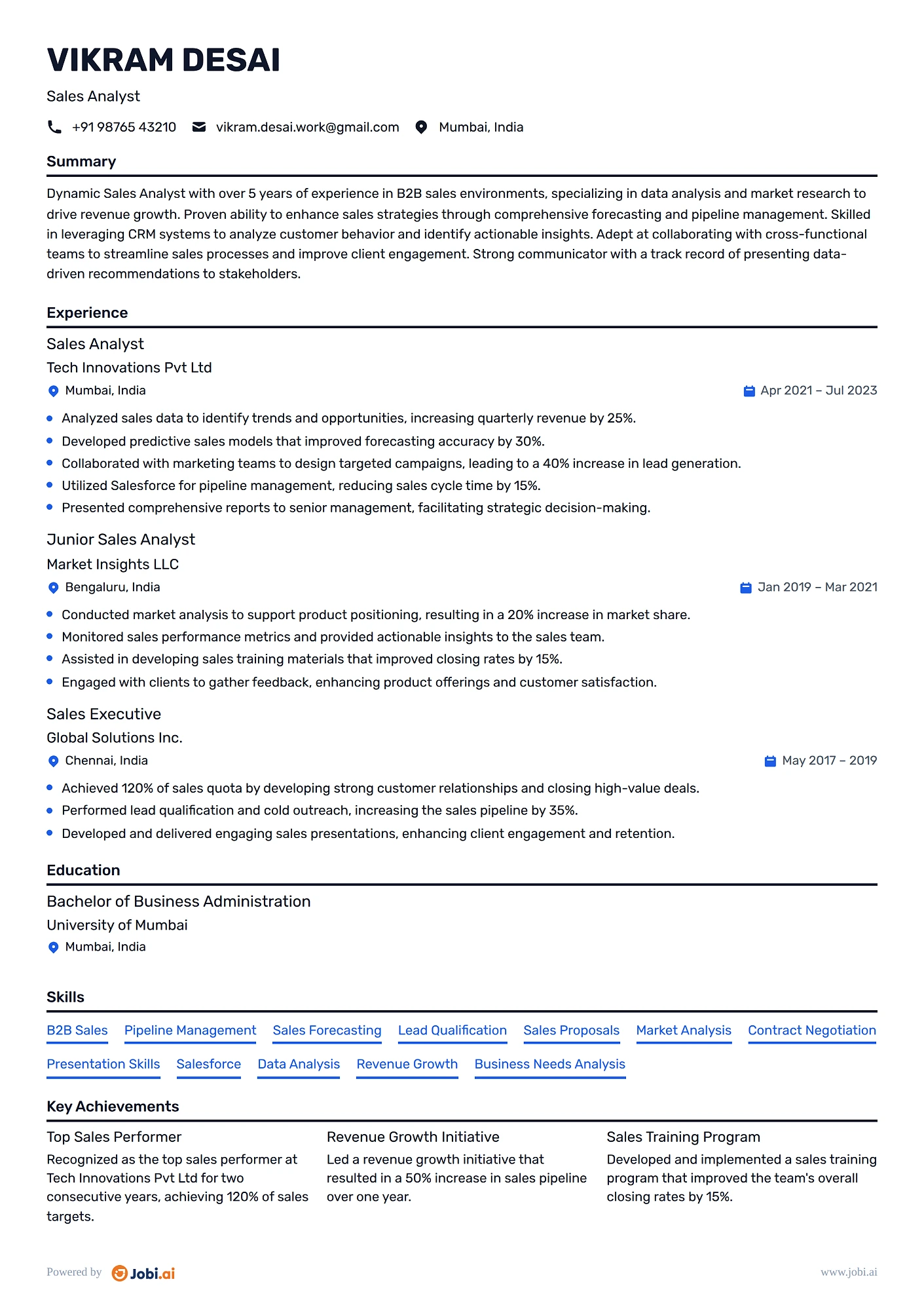 Sales Analyst resume example
