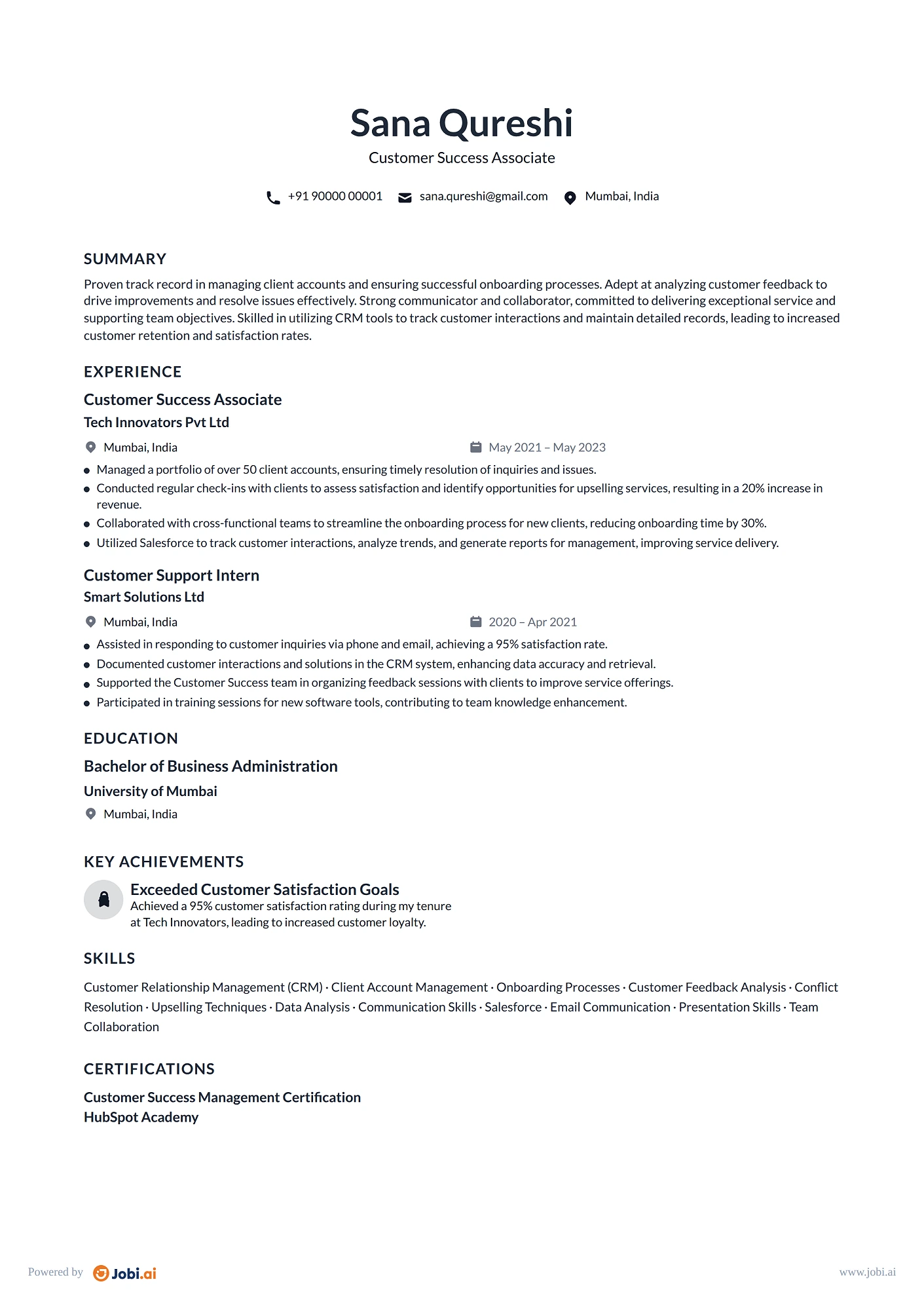 Customer Success Manager resume example