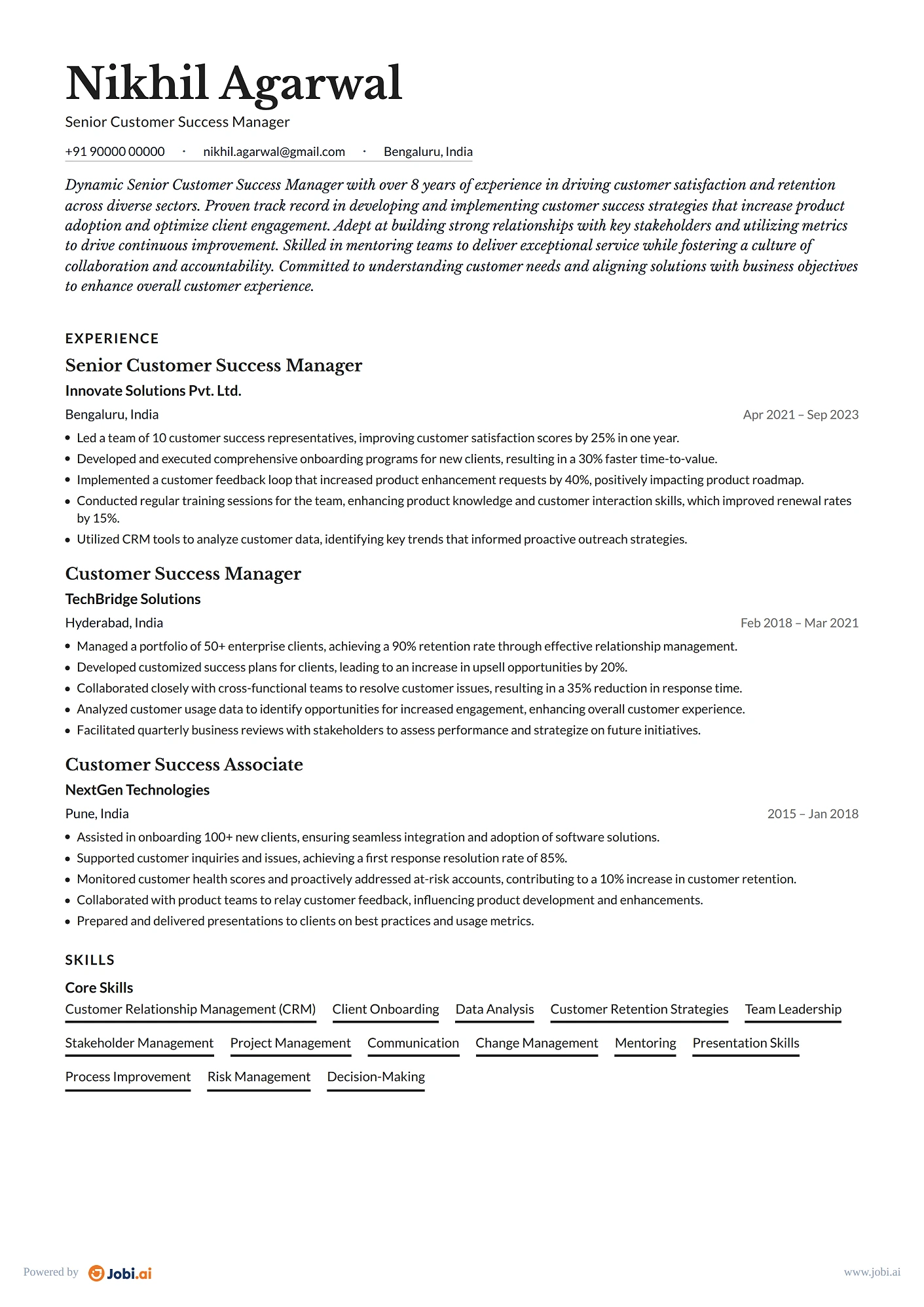 Customer Success Manager resume example — Senior Customer Success Manager